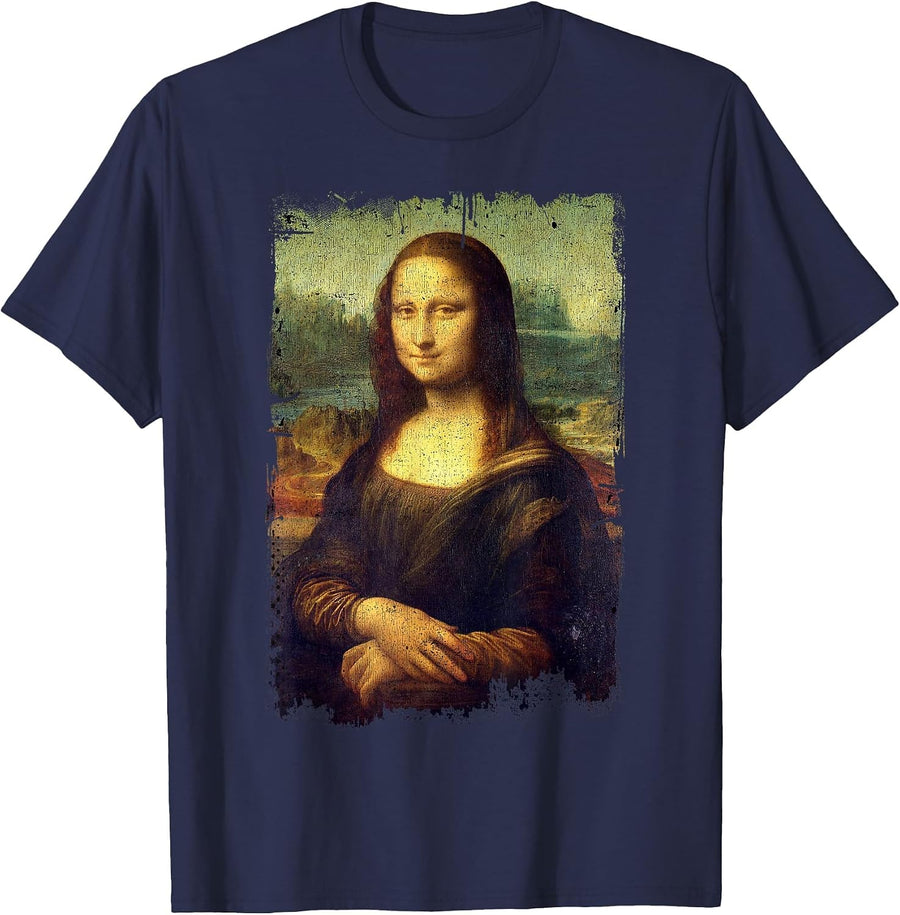 Mona Lisa by Leonardo da Vinci Famous Painting T-Shirt - Navy Blue