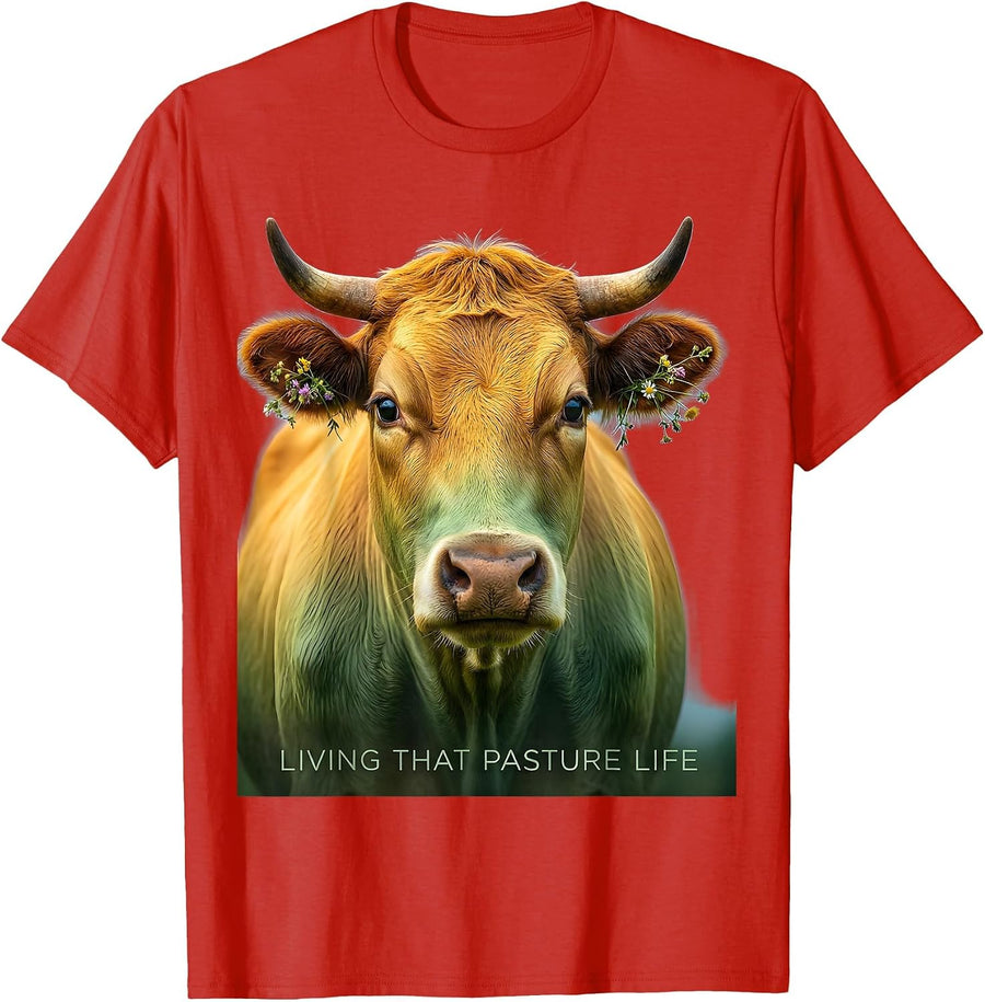 Men's Living That Pasture Life Cow Graphic Design T-Shirt - Red