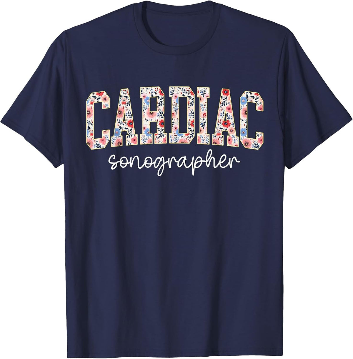 Retro Floral Cardiac Sonographer Cardiovascular Sonography T-Shirt - Navy Blue