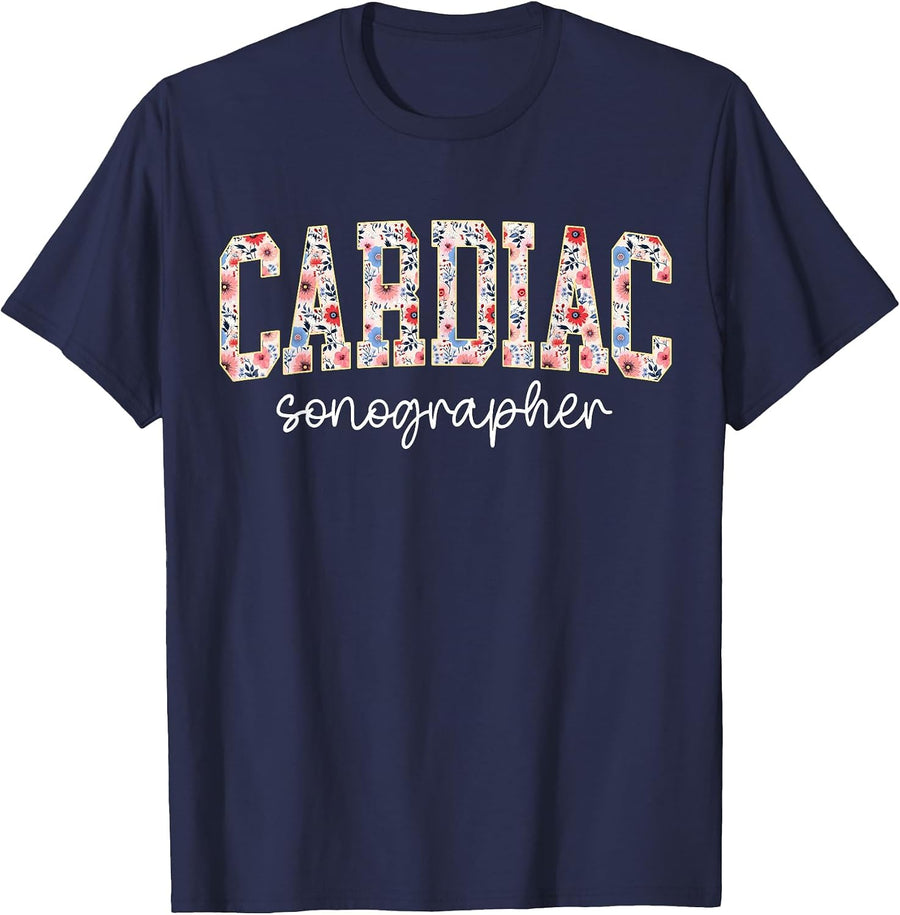 Retro Floral Cardiac Sonographer Cardiovascular Sonography T-Shirt - Navy Blue