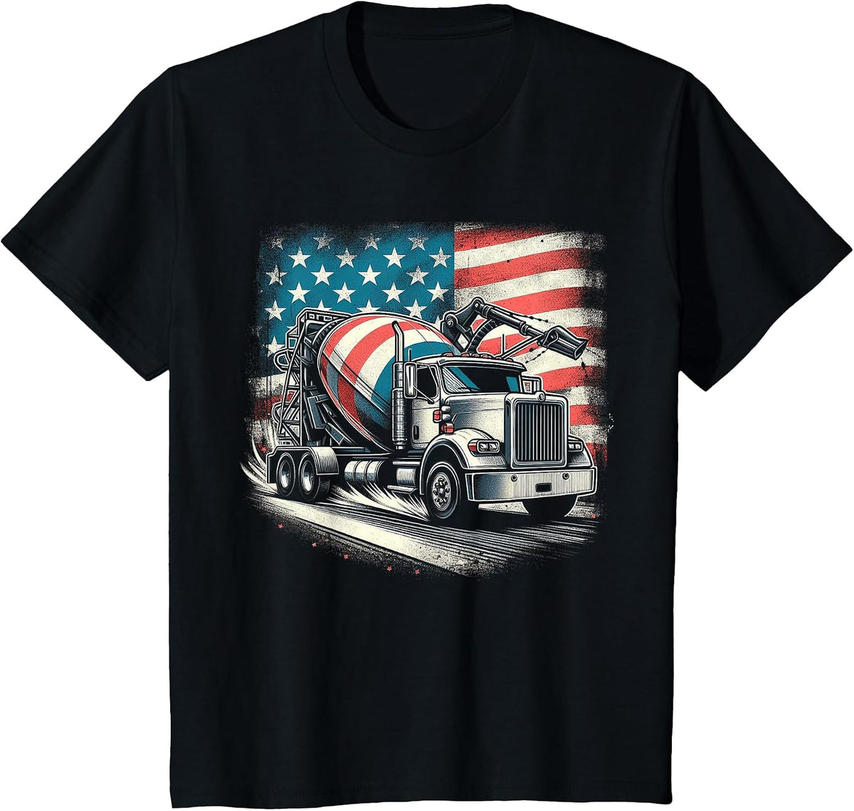 Cement Mixer Truck Construction America Flag T-Shirt - Black