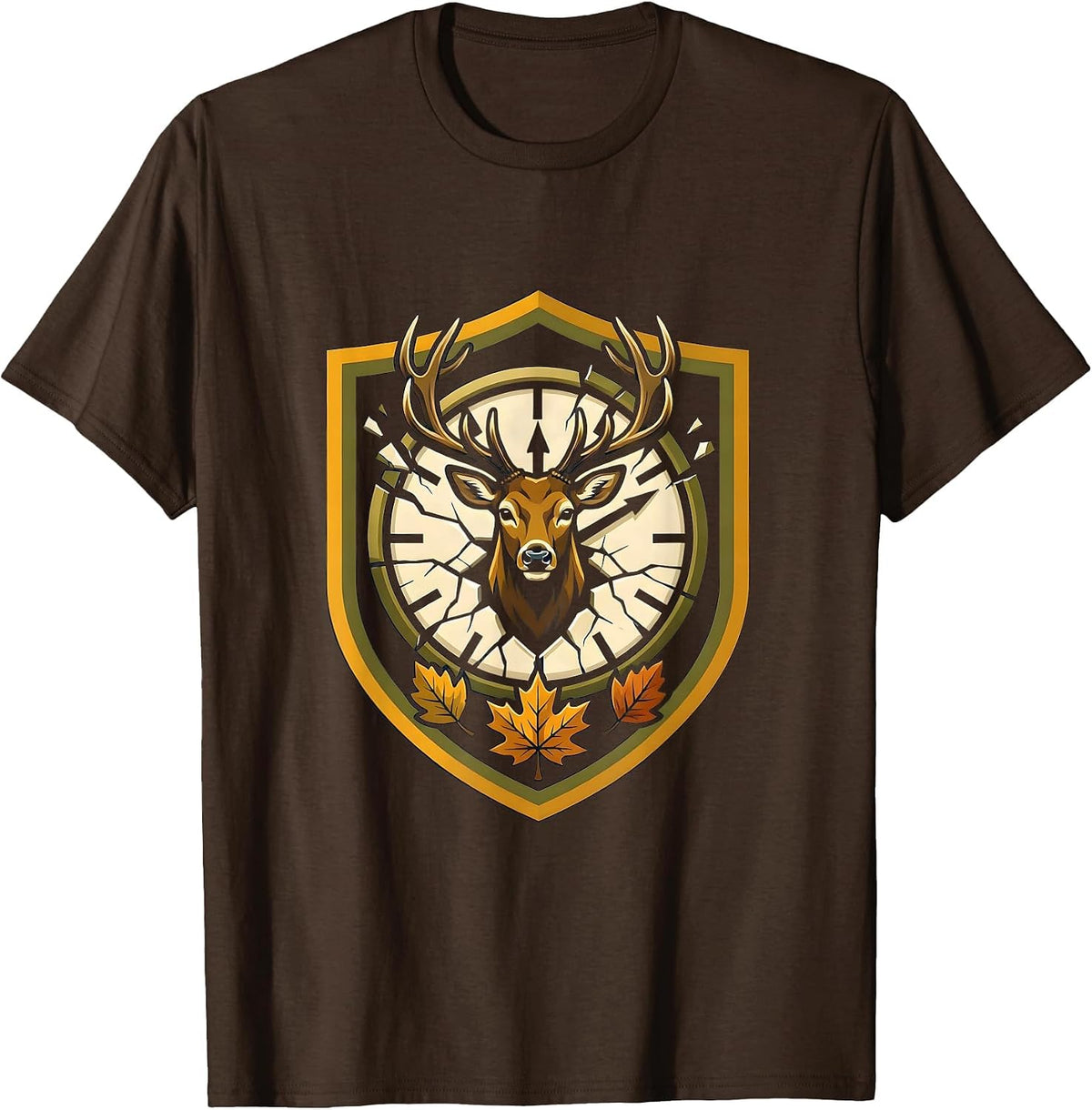 Men's Whitetail Buck Shield Emblem Funny Deer Hunting Hunter Dad T-Shirt - Brown