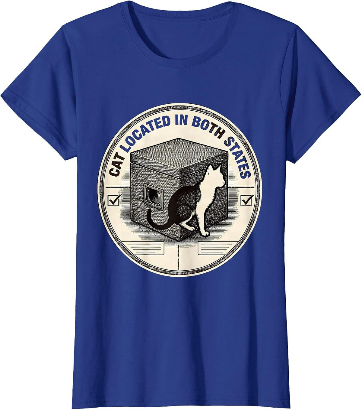 Women's Cat Located In Both States Quantum Physics Humor T-Shirt - Royal Blue