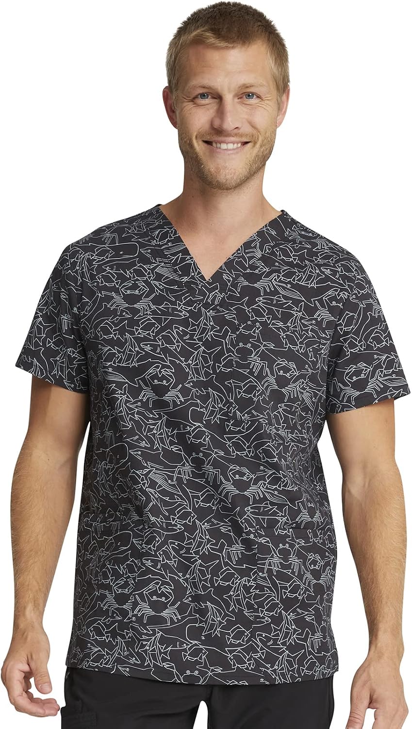 Cherokee Genuine Men and Women V-Neck Printed Top 4 Pockets - Sea Sketch