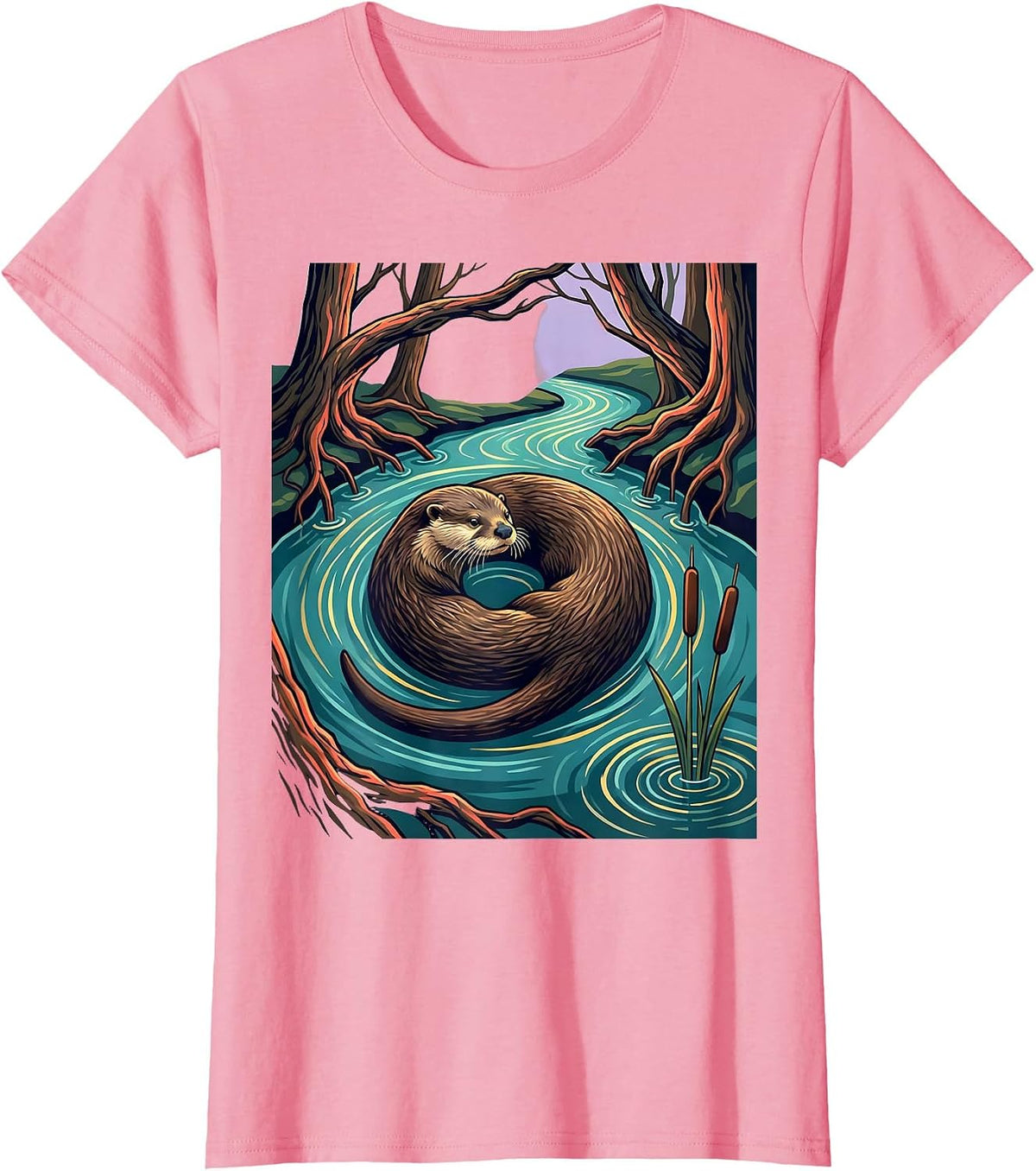 Women's River Otter Woodland Stream Nature Lover Retro T-Shirt - Pink