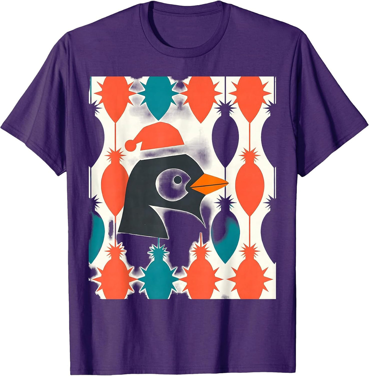 Men's Penguin Santa Hat Midcentury Modern Christmas Animal Lover T-Shirt - Purple