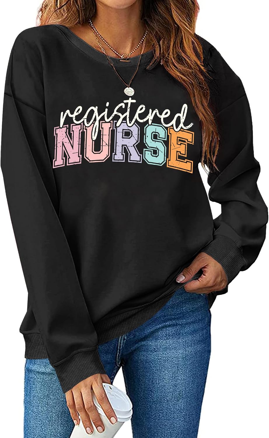 Registered Nurse Sweatshirt for Women School Nurse Life Pullover Nursing Student Tops Long Sleeve Tee - Black