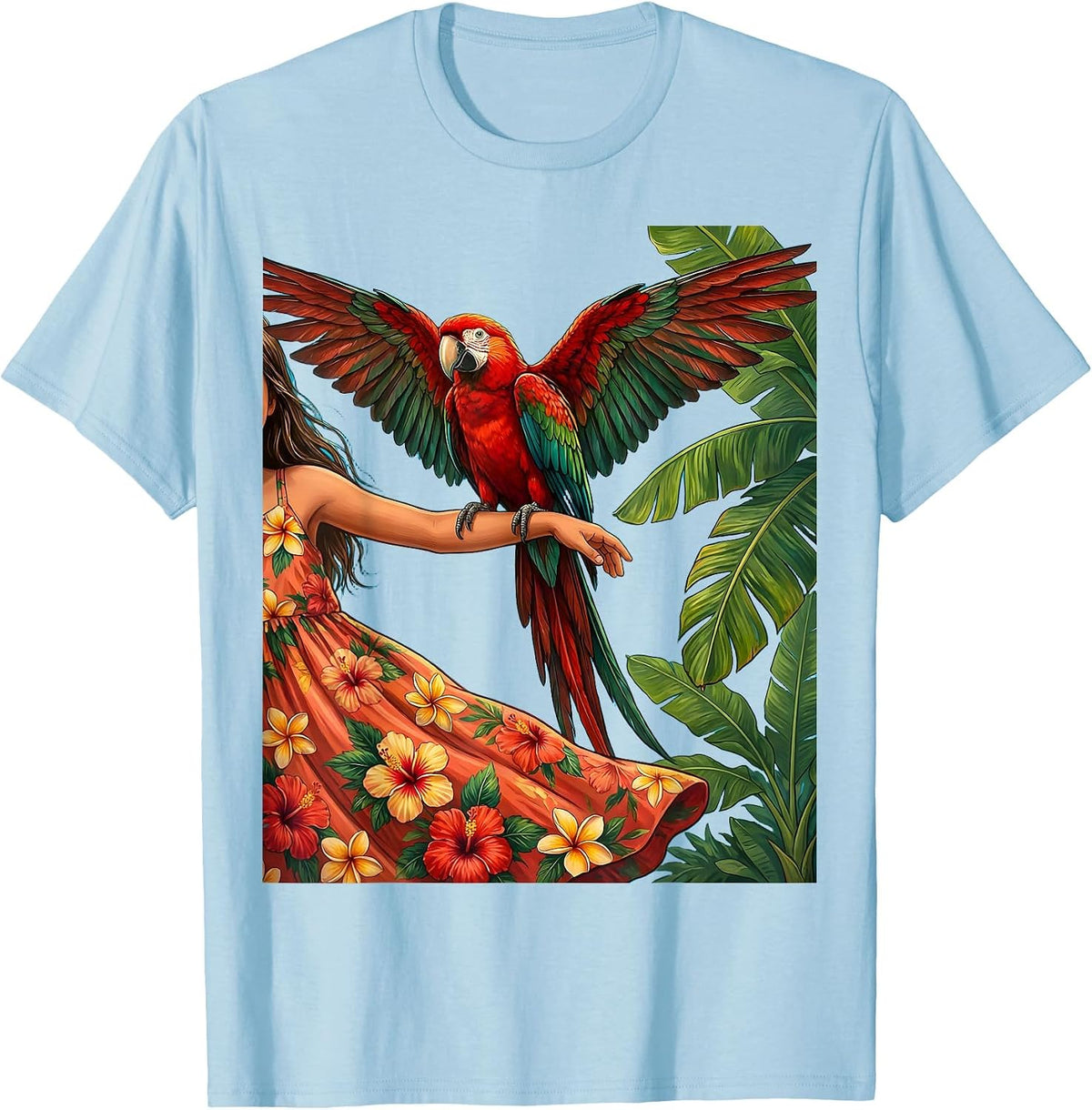 Men's Tropical Parrot on Outstretched Arm Hawaiian Design T-Shirt - Baby Blue