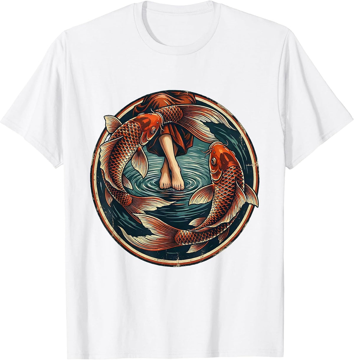 Men's Red Koi Fish Circling Feet Freedom Graphic T-Shirt - White