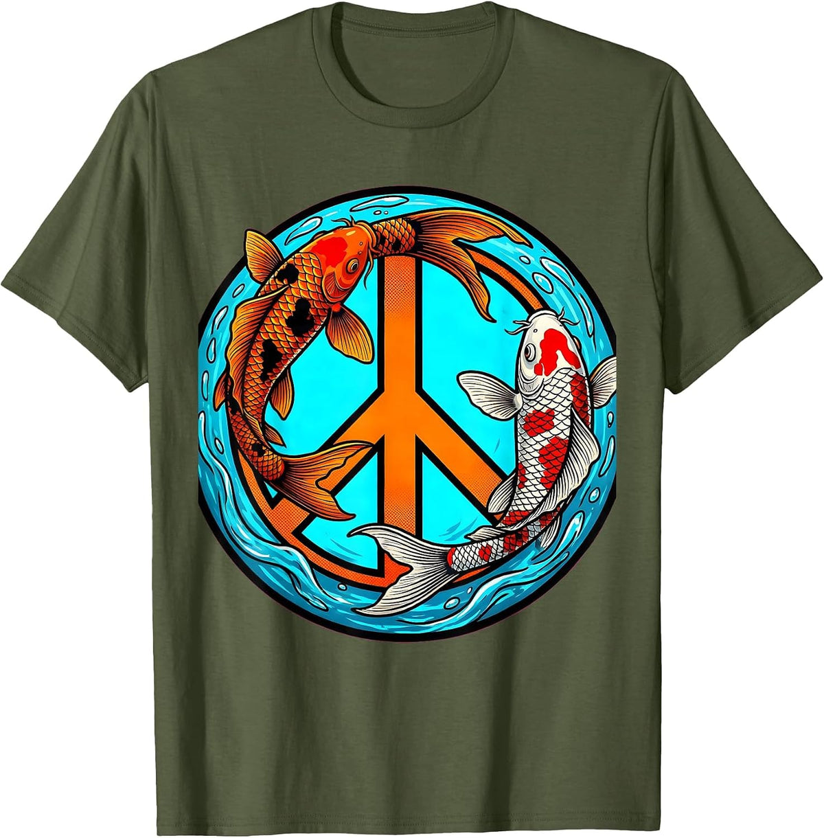Men's Koi Fish Peace Sign Graphic Design T-Shirt - Olive Green