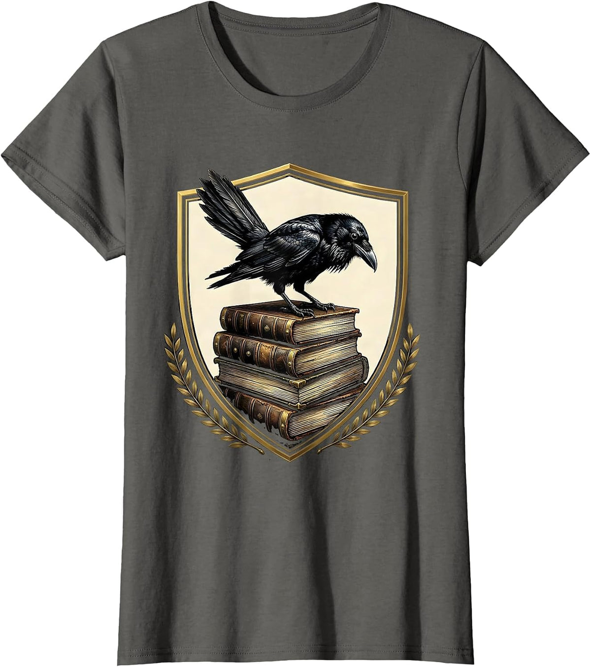 Women's Crow on Stacked Old Leather Books Illustration T-Shirt - Asphalt Grey