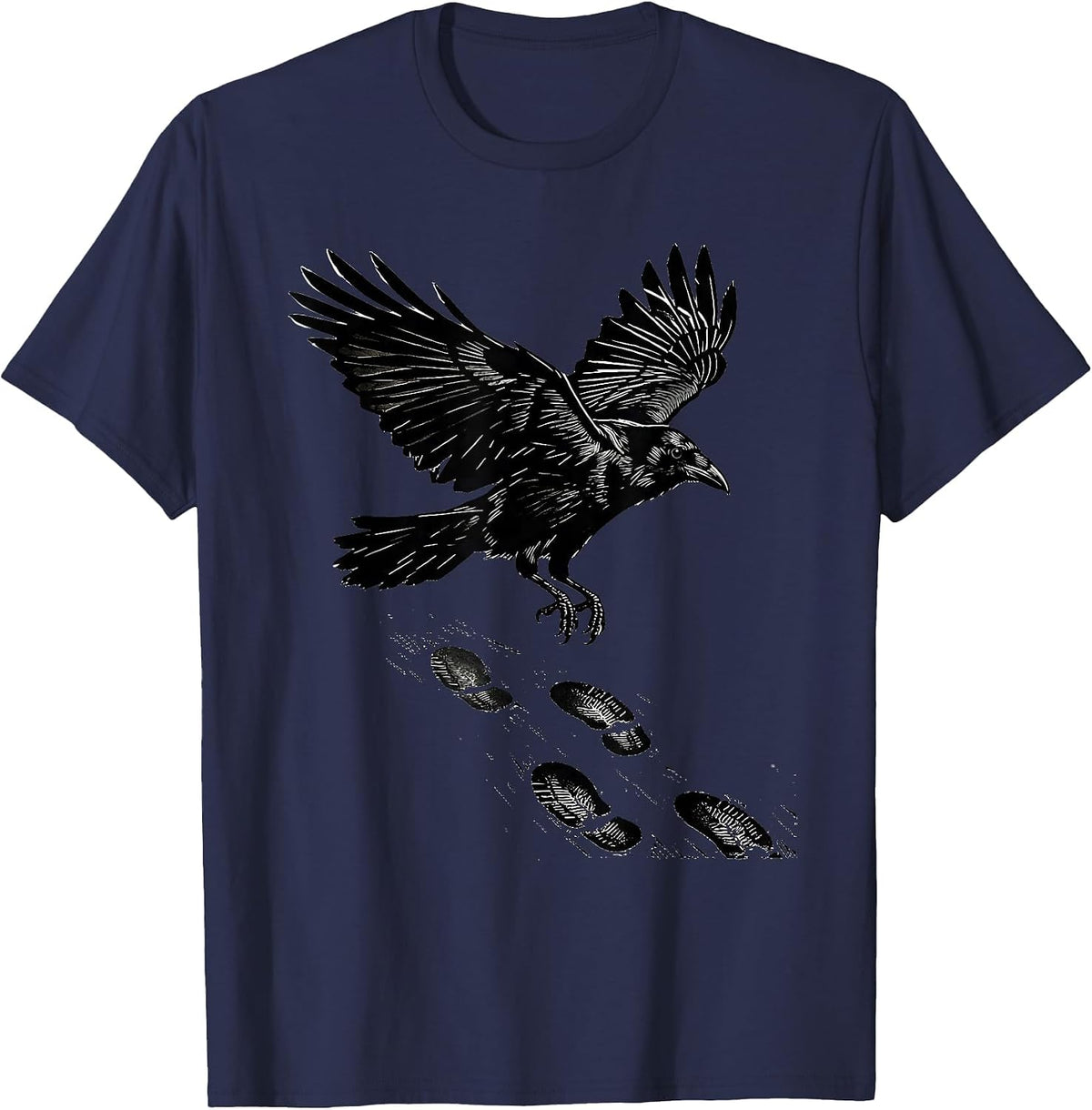 Crow Footprints in Snow Winter Nature Design T-Shirt - Navy Blue
