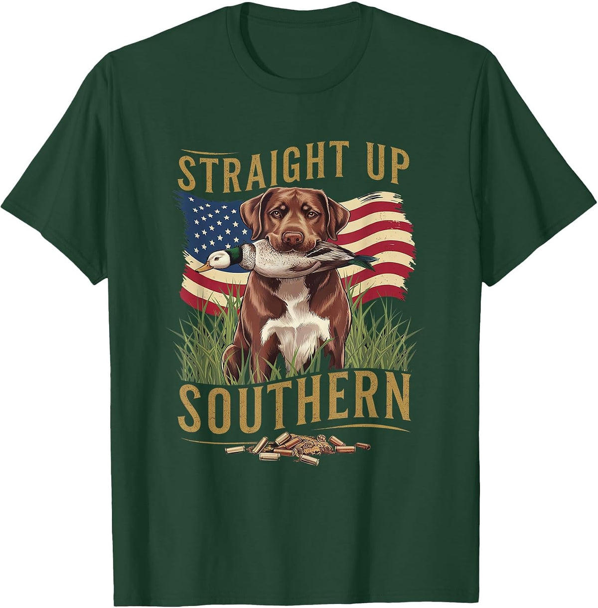 Straight Up Southern Hunting Dog and Duck T-Shirt - Dark Green