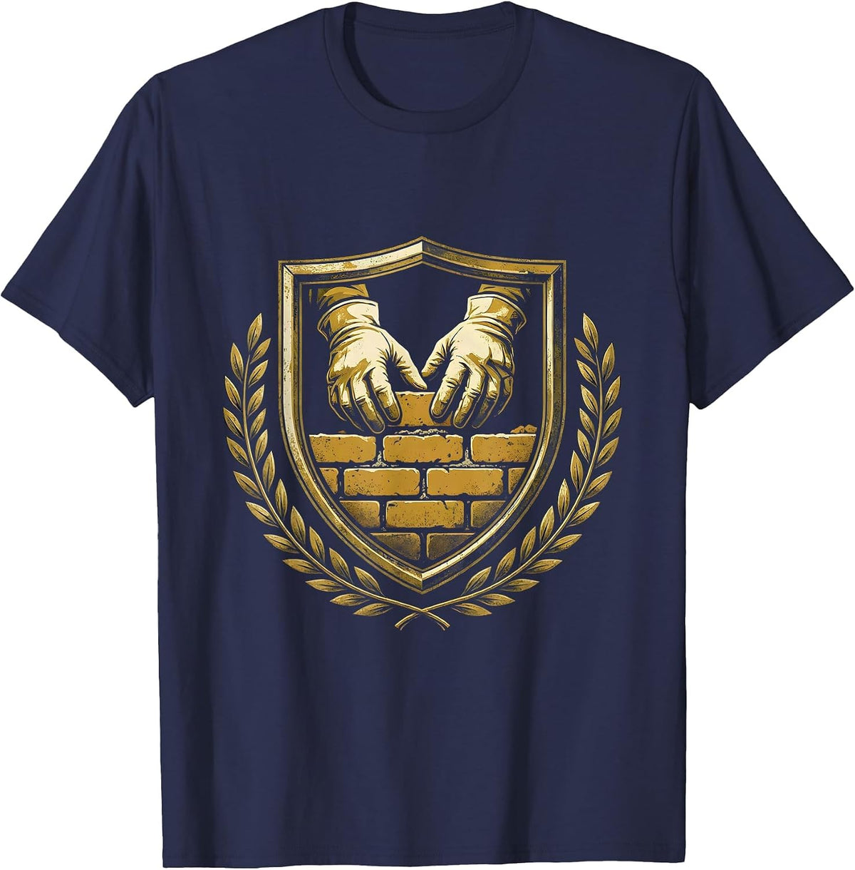 Men's Bricklayer Gloved Hands Laying Bricks Illustration T-Shirt - Navy Blue