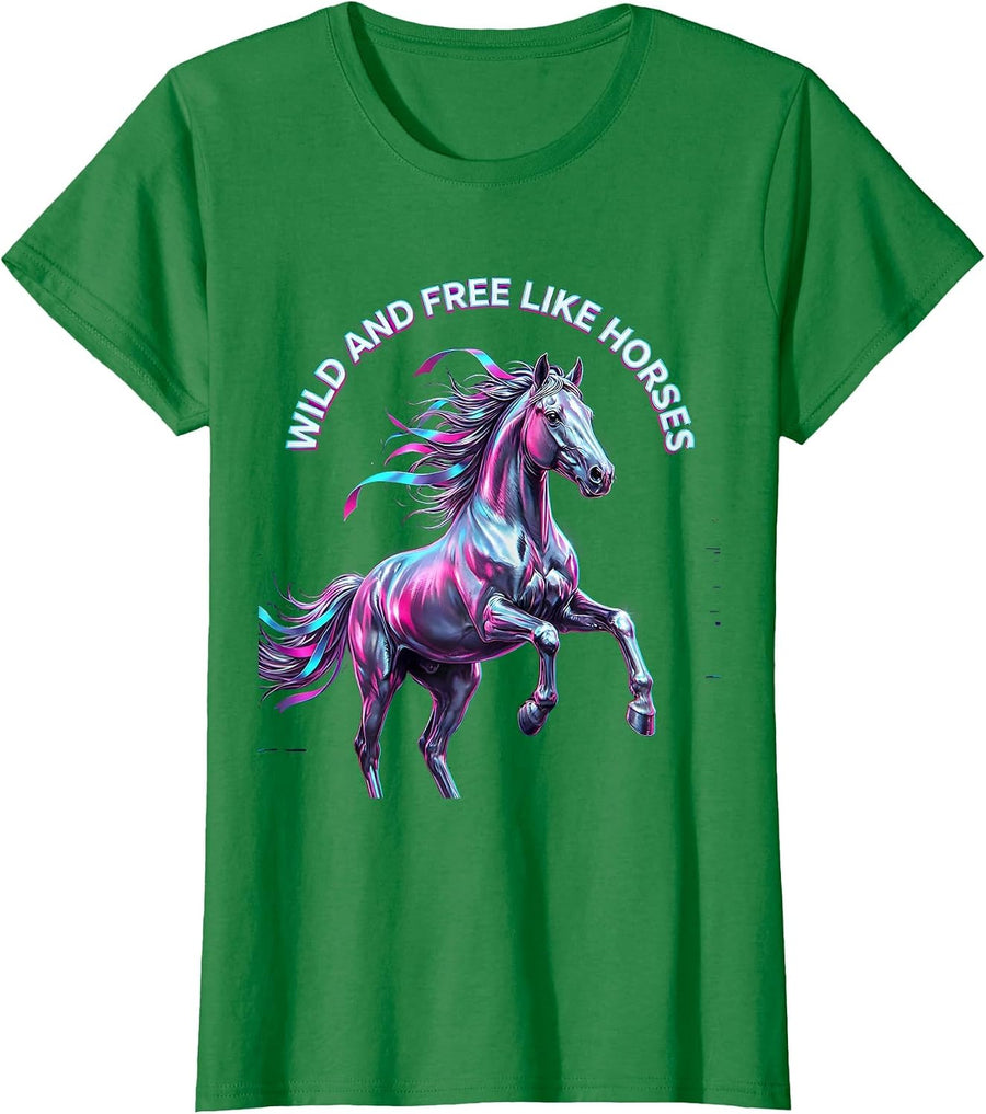 Women's Wild and Free Like Horses Equestrian Design T-Shirt - Kelly Green