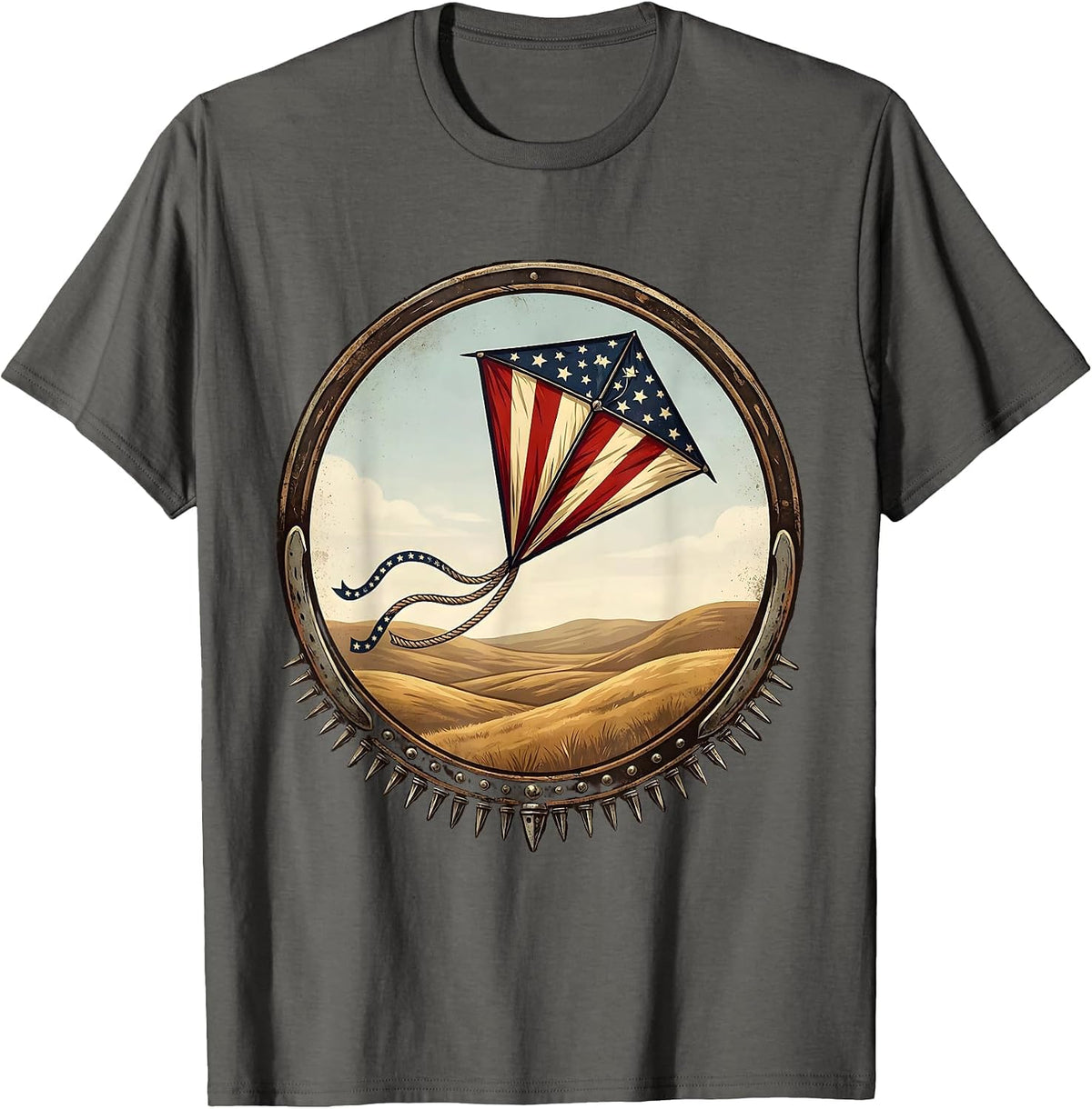 Men's Red White and Blue Kite Soaring Over Hills T-Shirt - Asphalt Grey