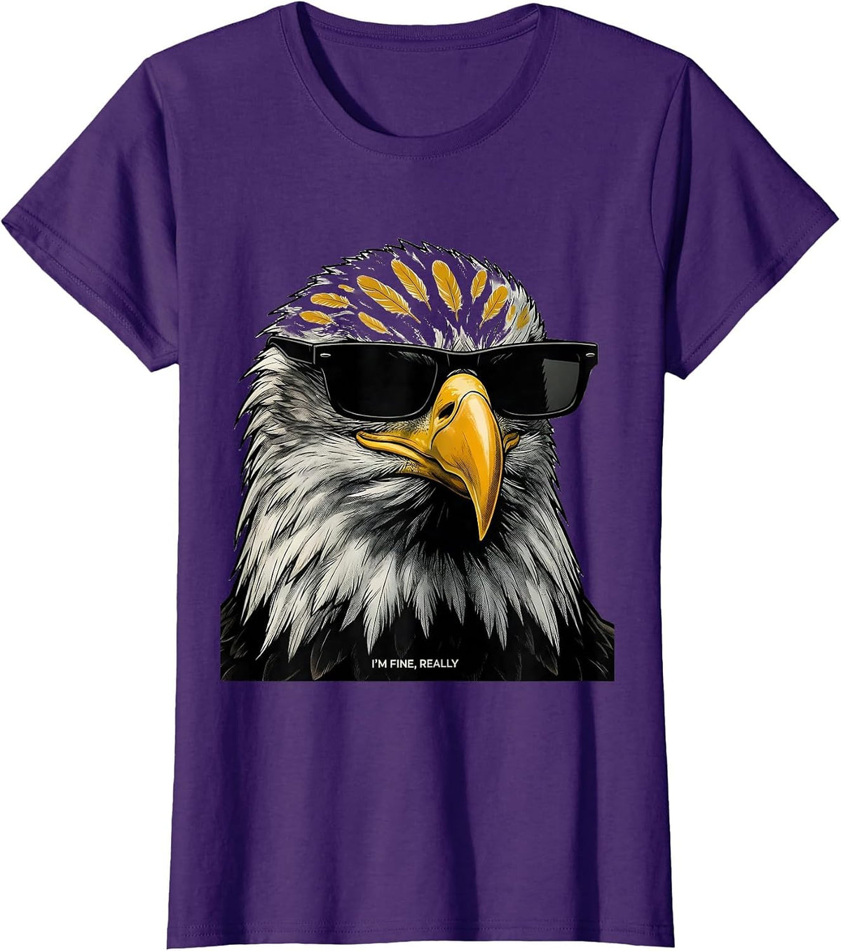 Women's I'M FINE, REALLY Midcentury Modern Bald Eagle Sunglasses T-Shirt - Purple