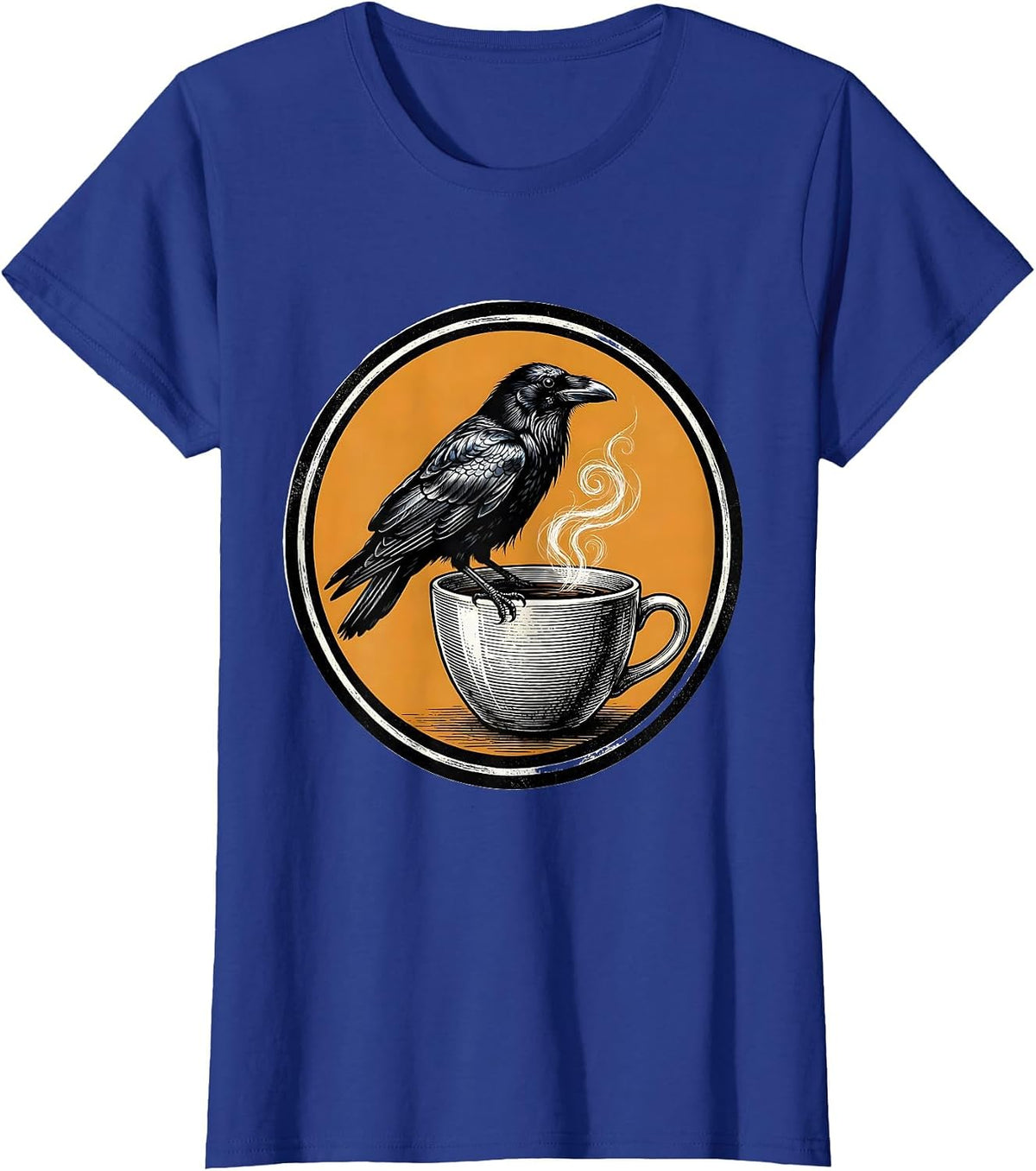 Women's Cawf Crow Perched on a Steaming Coffee Cup T-Shirt - Royal Blue