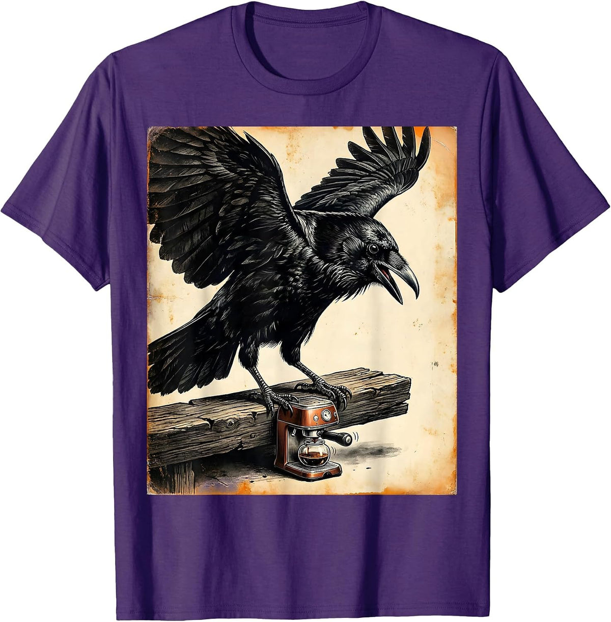 Giant Crow Looming Over Tiny Terrified Coffee Maker T-Shirt - Purple
