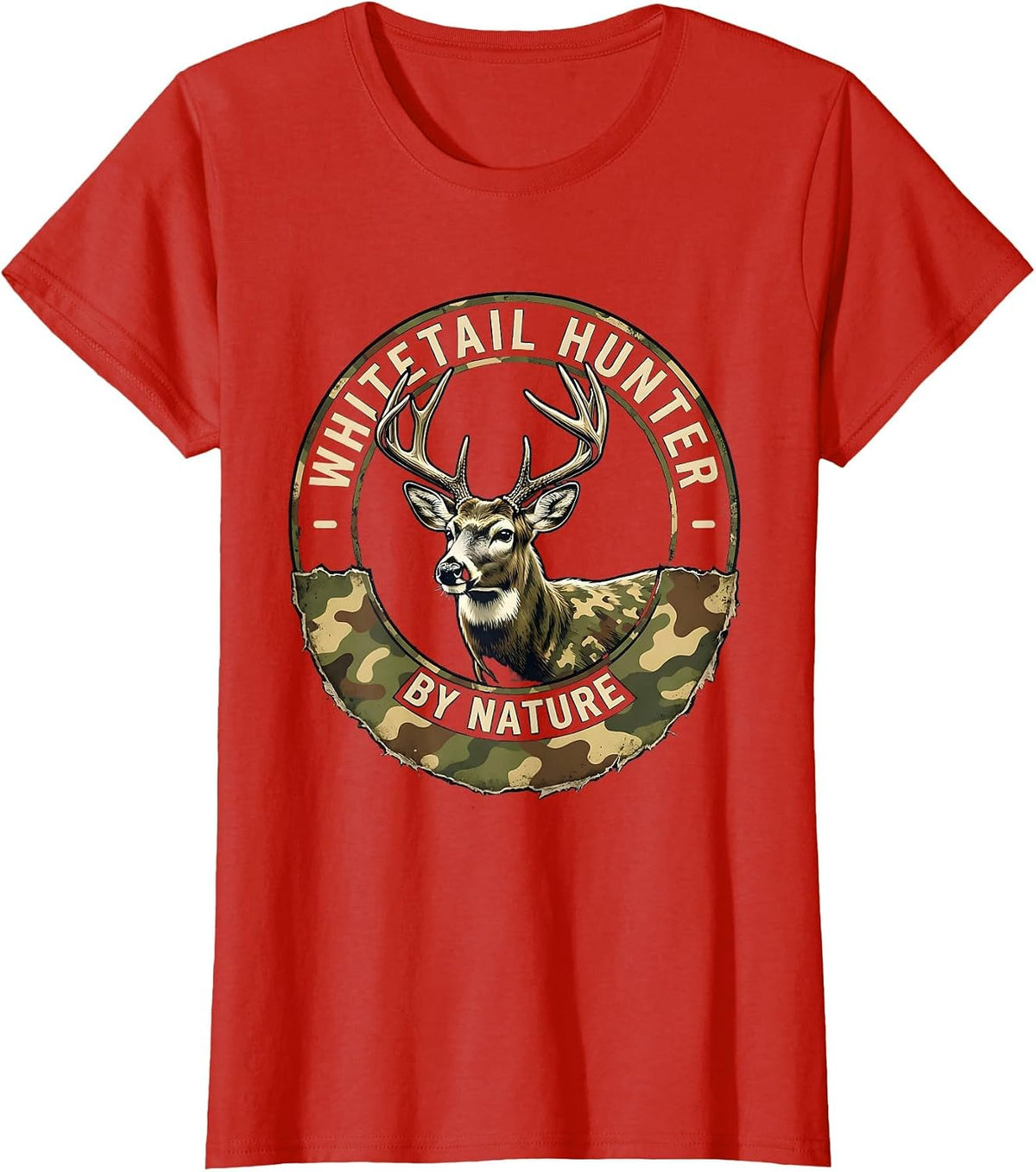 Whitetail Hunter By Nature Distressed Camo Dad Humor T-Shirt - Red