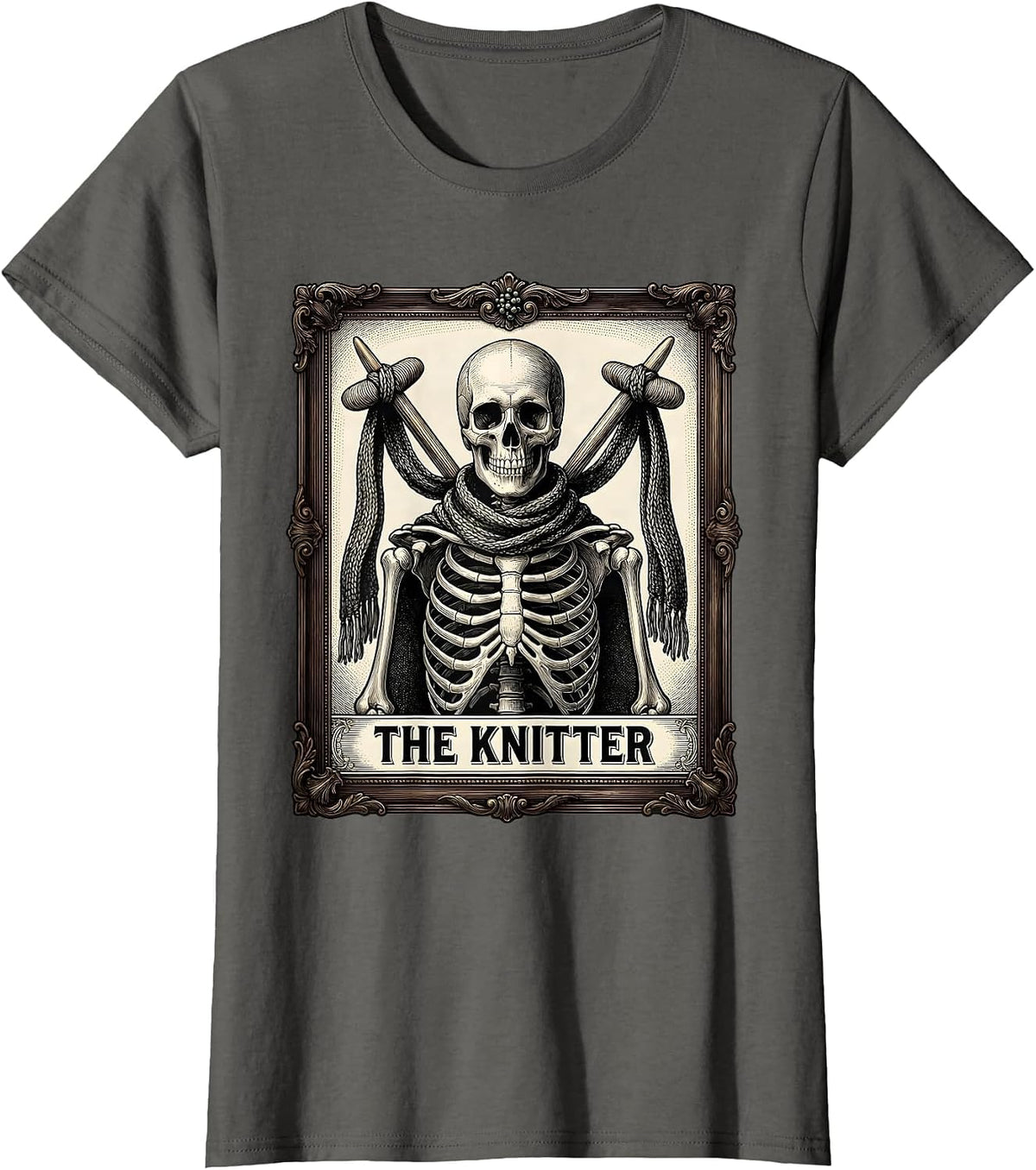 Women's The Knitter Skeleton Tarot Card Knitting Lover Gift T-Shirt - Asphalt Grey