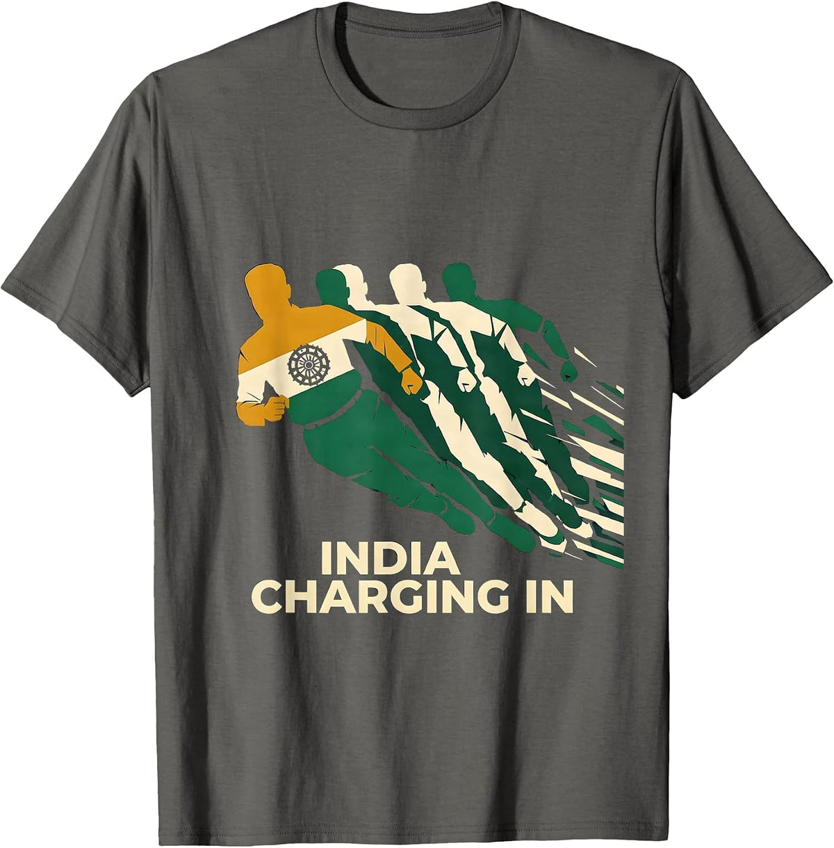 Men's India Charging In Futurist National Pride Cricket Fan T-Shirt - Asphalt Grey
