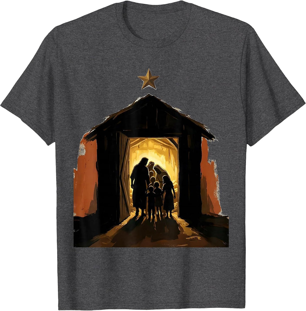 Men's Open Door Nativity Family Christmas Faith Tribute T-Shirt - Dark Heather Grey