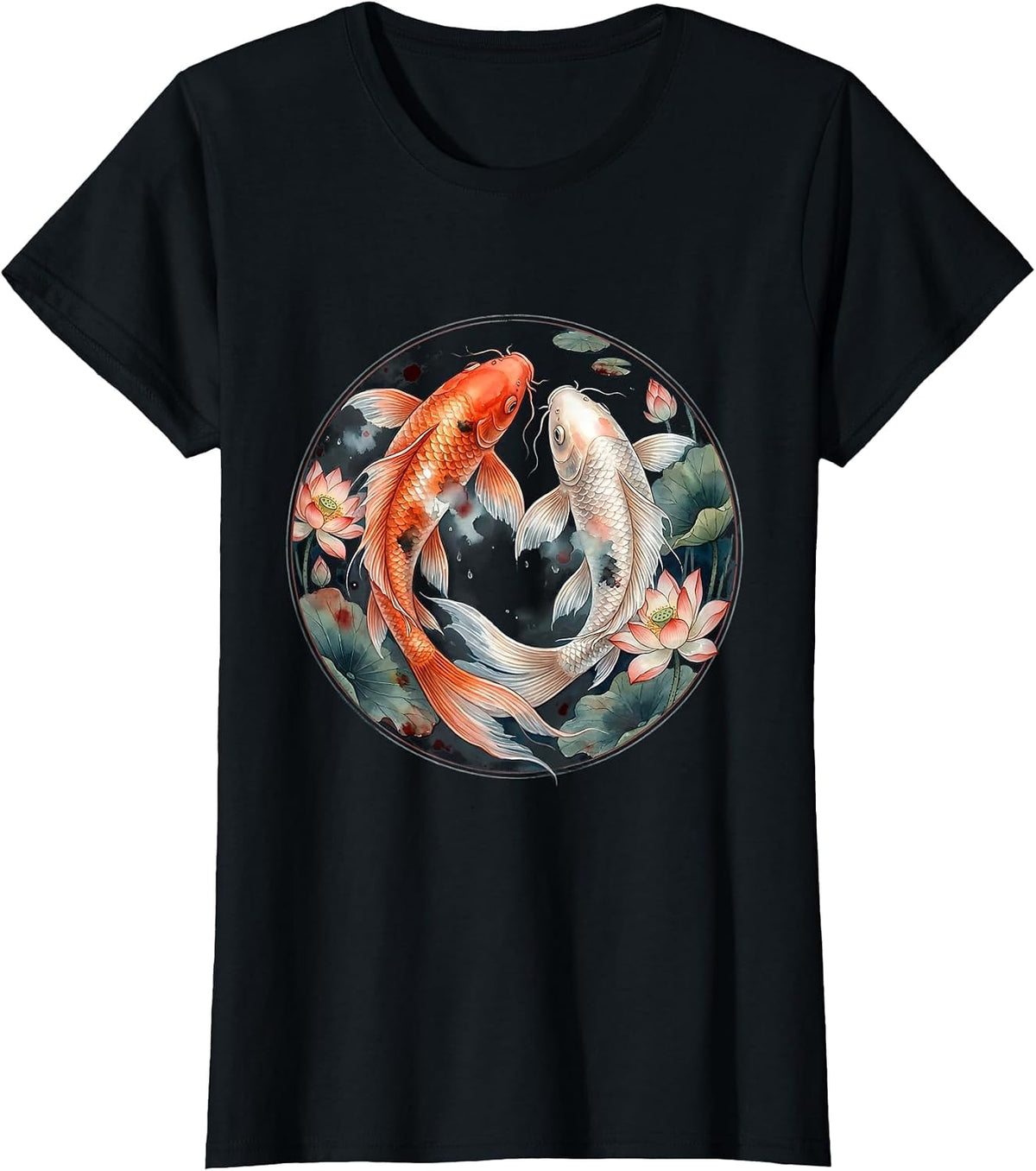 Women's Koi Fish Yin Yang Circle Illustration T-Shirt - Black