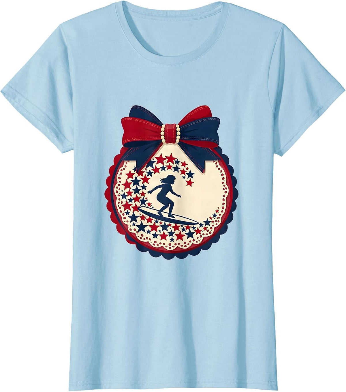 Patriotic Girl Surfing Wave of Stars Graphic T-Shirt - Baby Blue