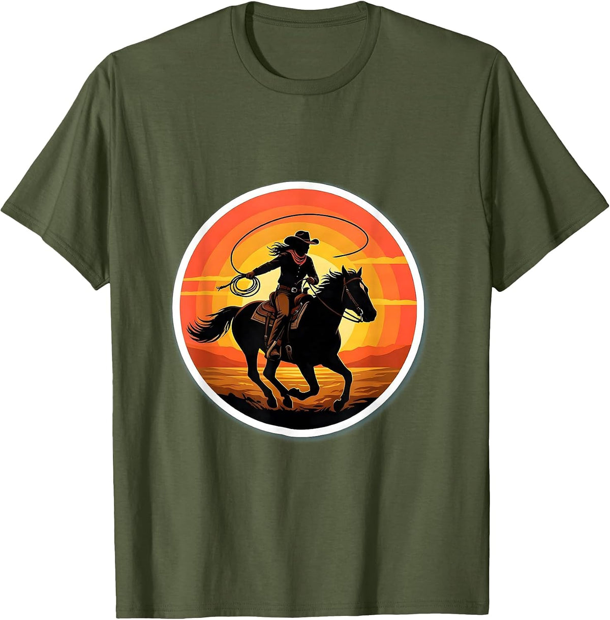 Cowgirl Riding Horse Sunset Silhouette T-Shirt - Olive Green
