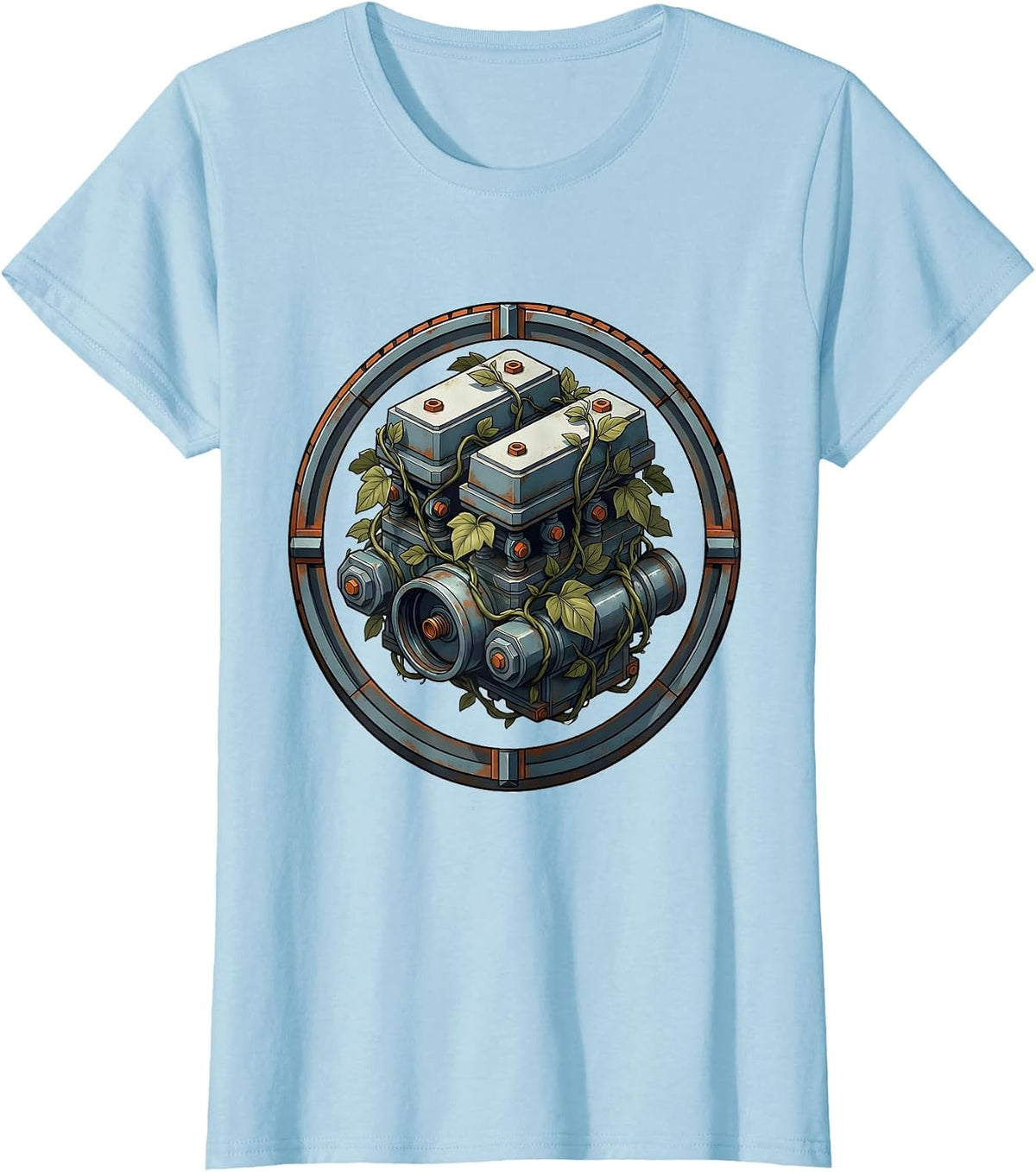 Carburetor Wrapped in Climbing Vines Illustration T-Shirt - Baby Blue