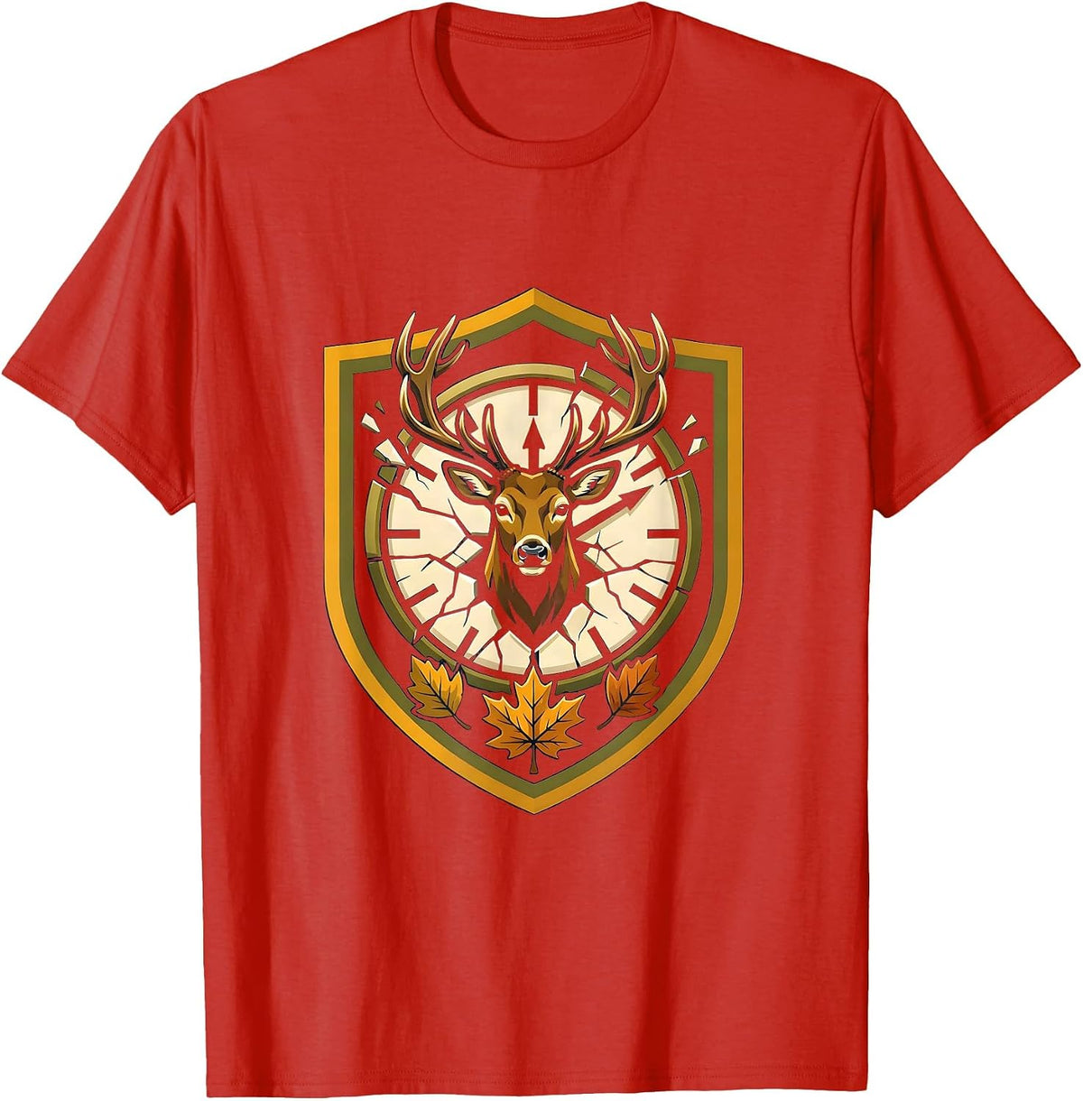 Men's Whitetail Buck Shield Emblem Funny Deer Hunting Hunter Dad T-Shirt - Red