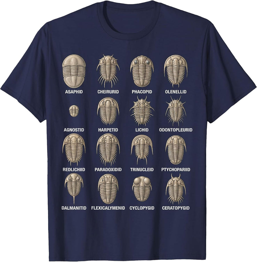 Trilobite Families Chart Paleontology Science Fossil Lovers T-Shirt - Navy Blue