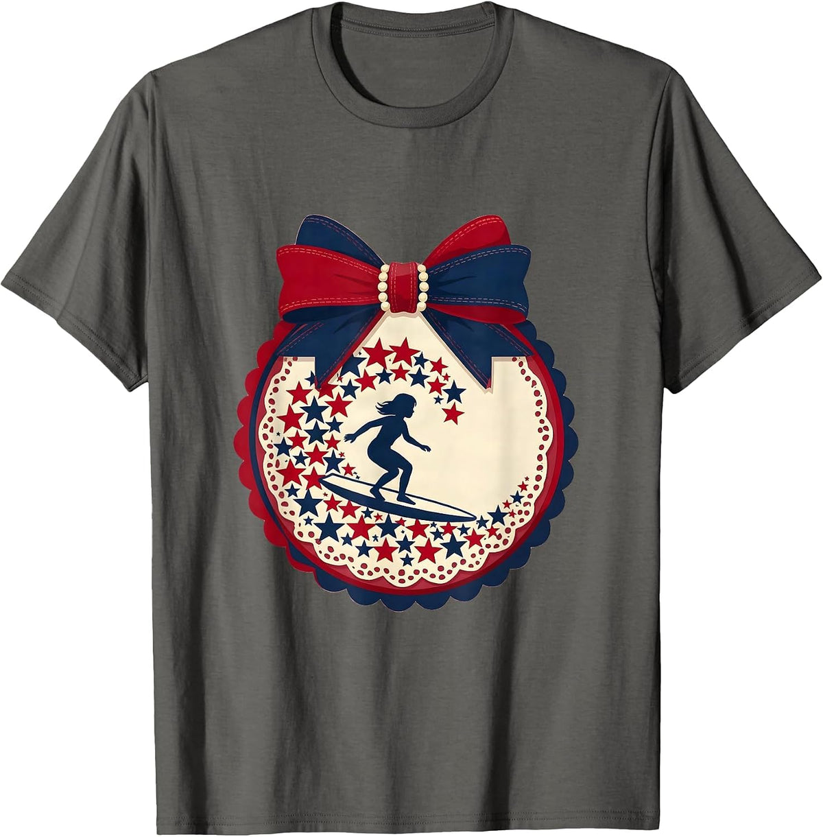 Patriotic Girl Surfing Wave of Stars Graphic T-Shirt - Asphalt Grey