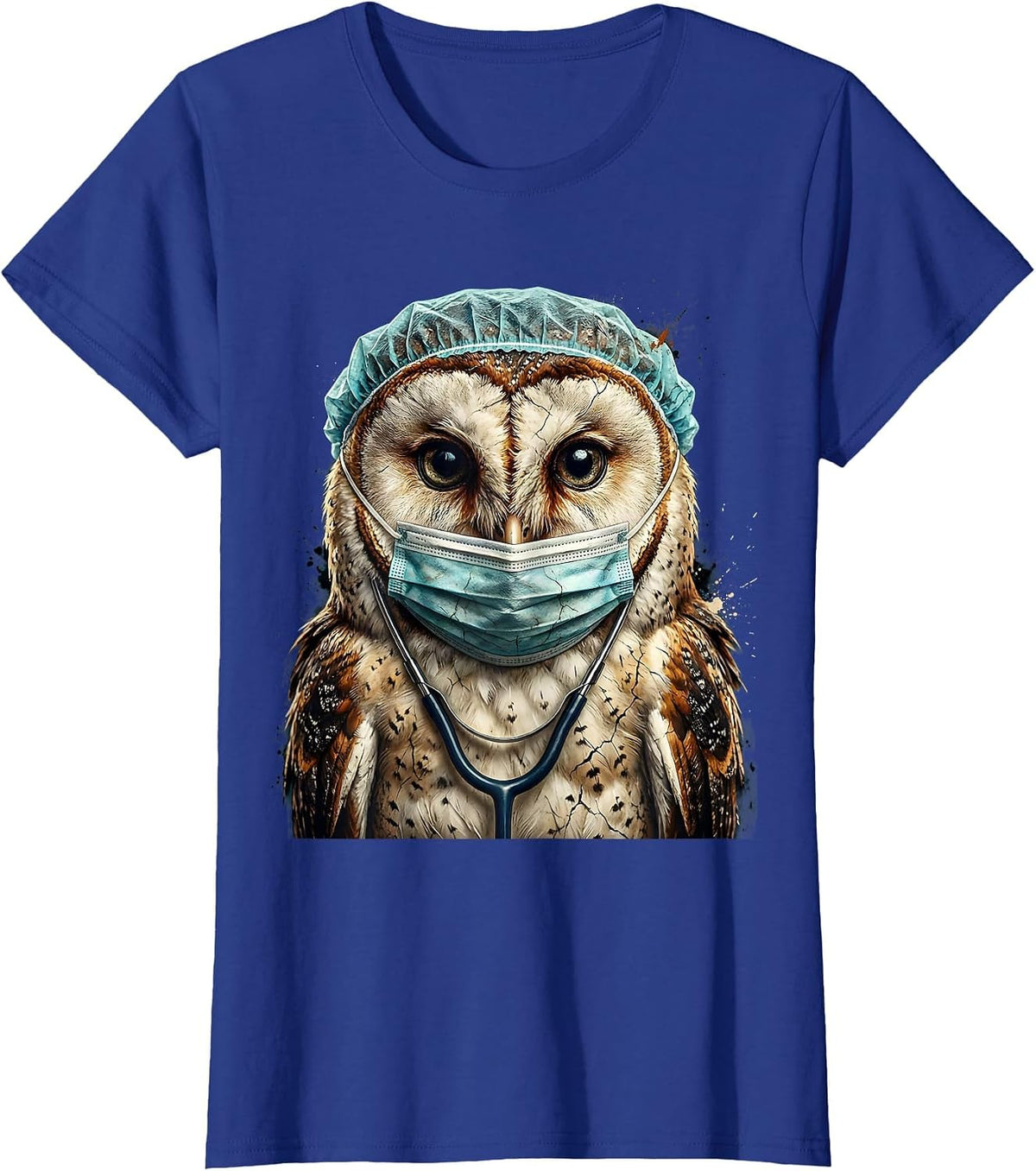 Women's Nurse Owl Surgical Mask and Cap Illustration T-Shirt - Royal Blue
