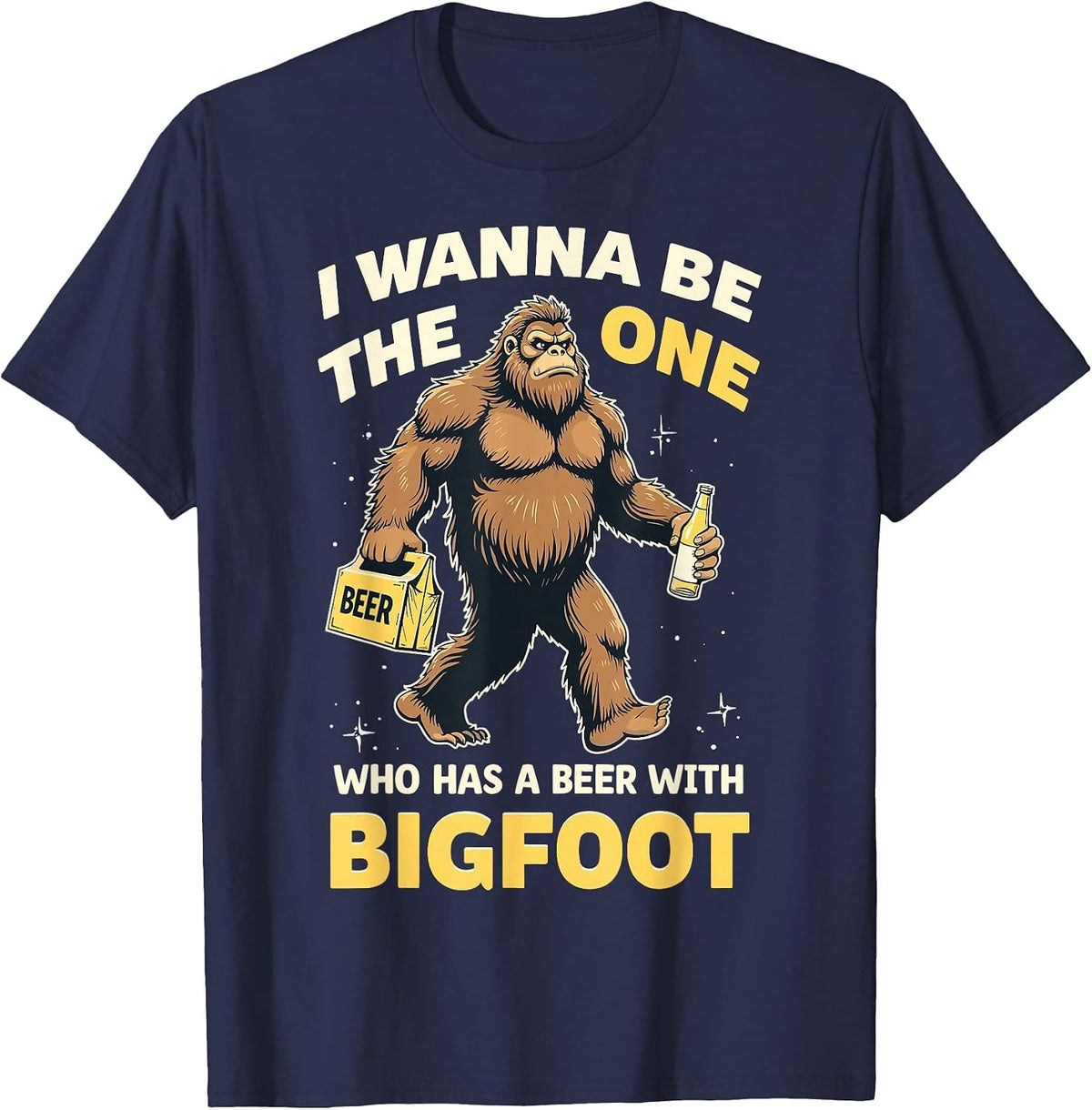 Funny Beer with Bigfoot Sasquatch Beer Lover Drinking Party T-Shirt - Navy Blue