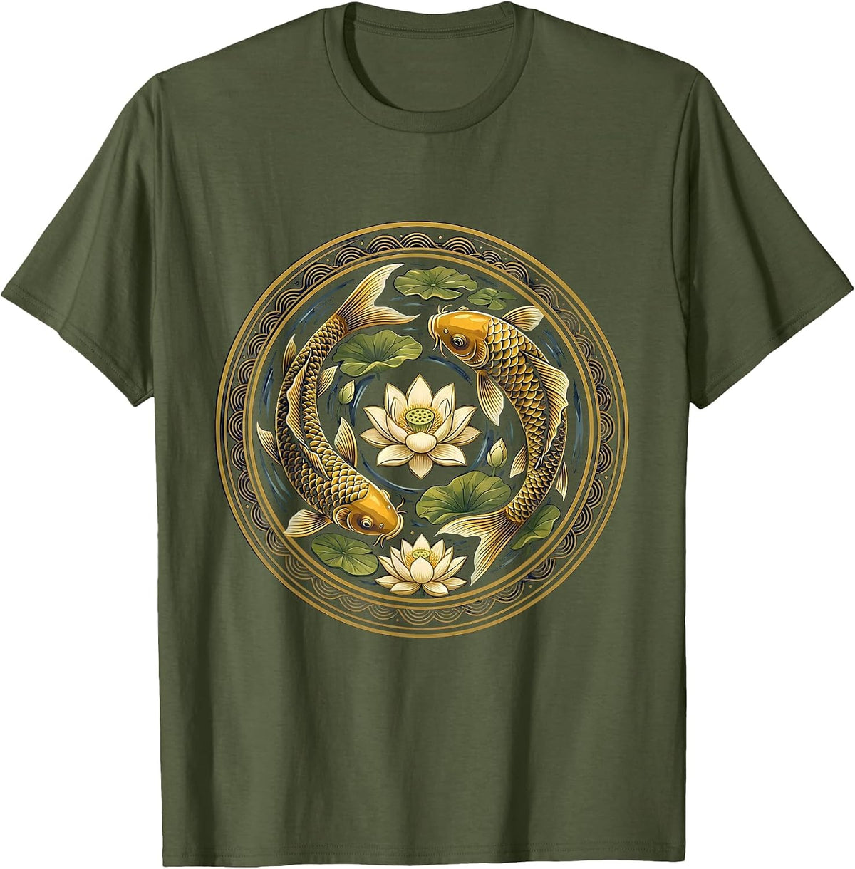 Koi and Lotus Flowers Japanese Pond Design T-Shirt - Olive Green