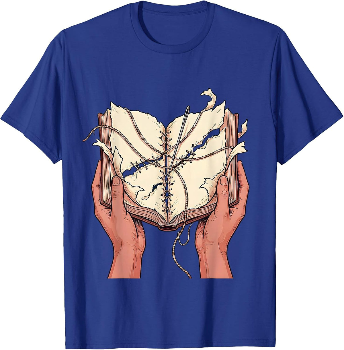 Mending Pages Hand Stitching Torn Book Art T-Shirt - Royal Blue
