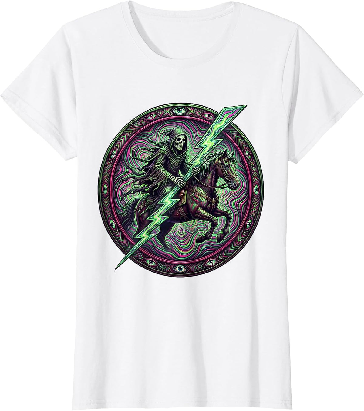 Grim Reaper Riding Lightning Bolt Heavy Metal T-Shirt - White