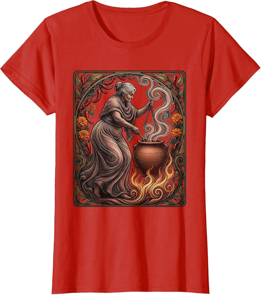 Women's Abuela Stirring Pot Over Flame Hispanic Heritage T-Shirt - Red
