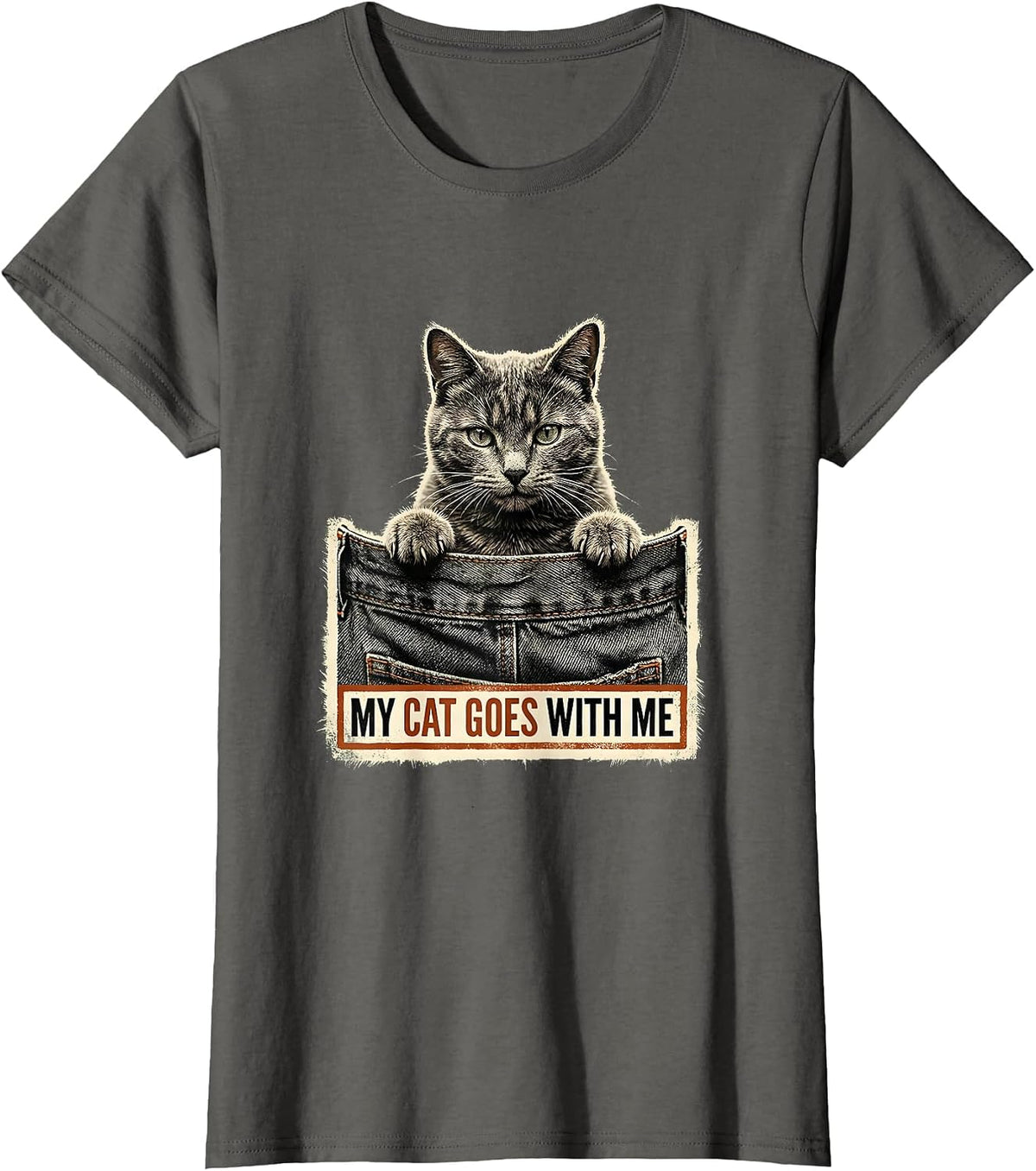 Women's My Cat Goes With Me Rubber Stamp Cat Lover Gift T-Shirt - Asphalt Grey