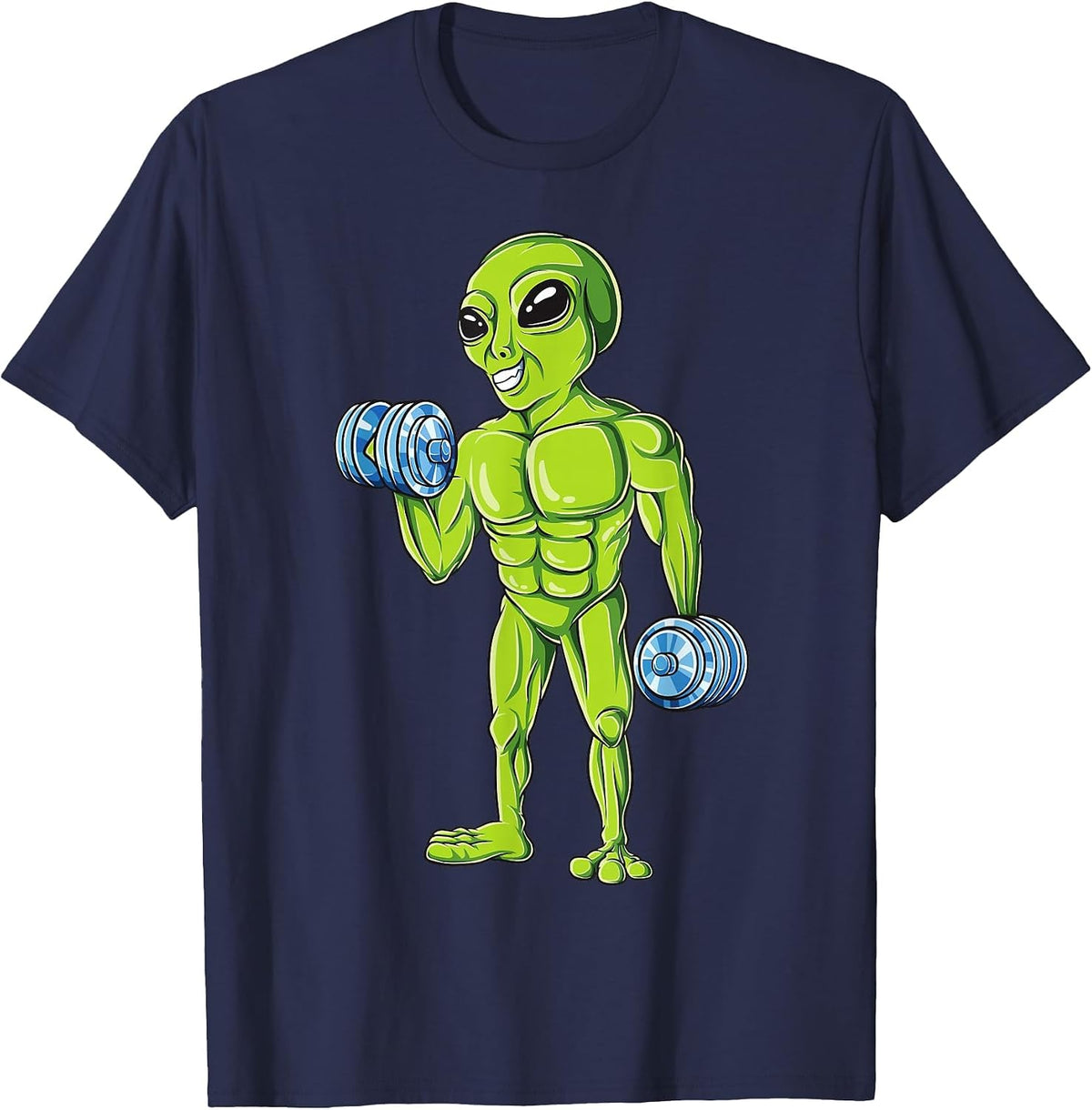 Bodybuilding Funny Workout Gym Weightlifting Fitness Alien T-Shirt - Navy Blue