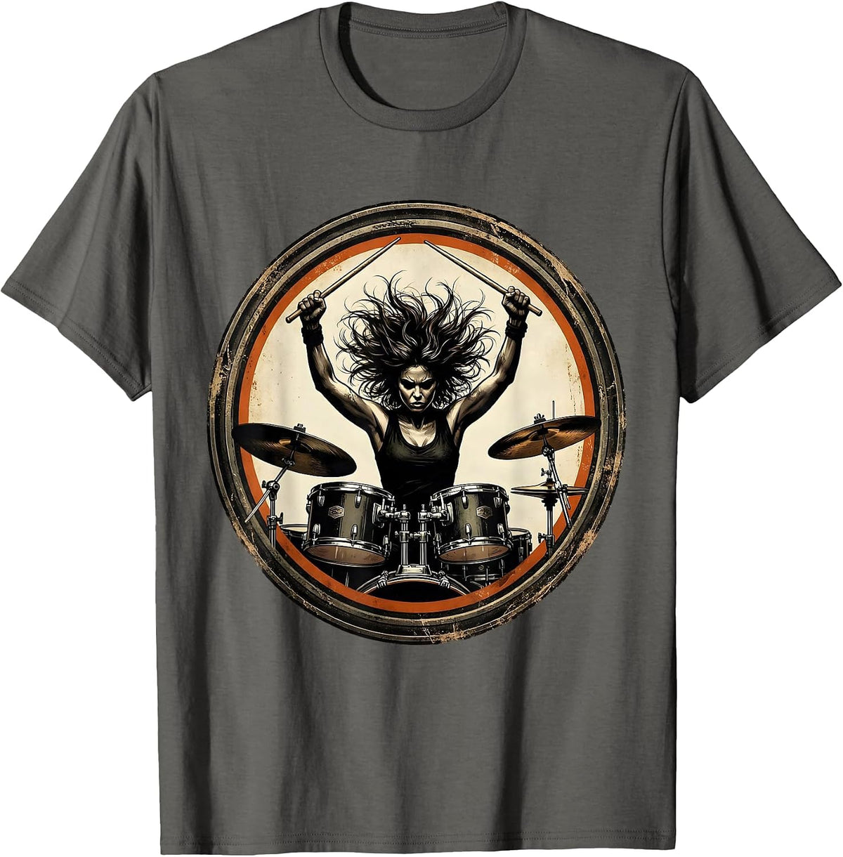 Fierce Drummer Mid-Strike Overhead Illustration T-Shirt - Asphalt Grey