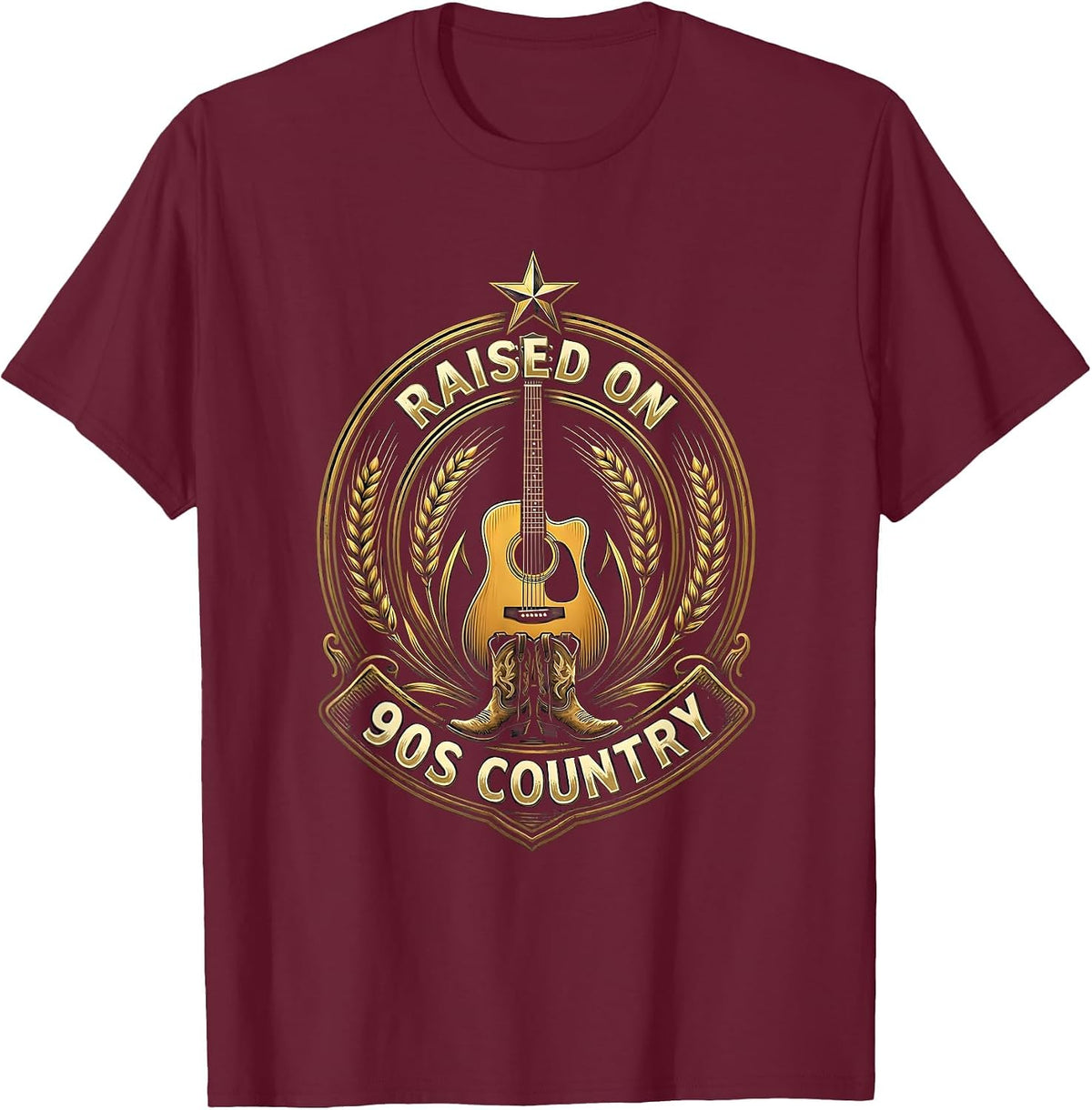 Raised on 90s Country Music Graphic Design T-Shirt - Burgundy
