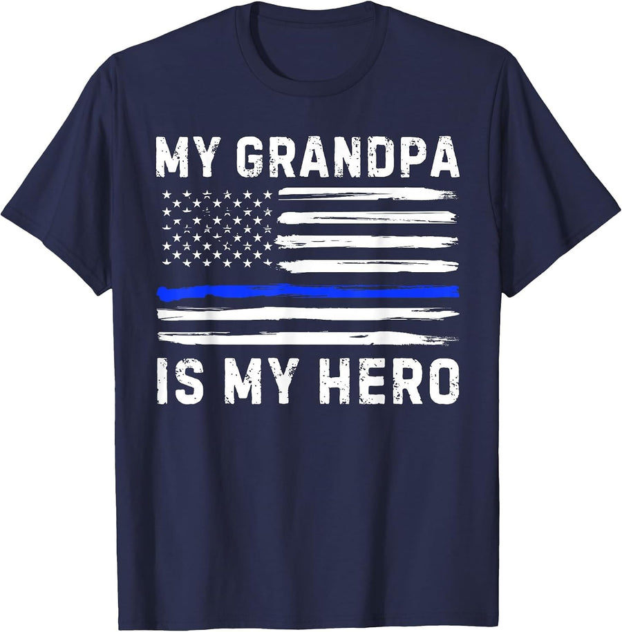 My Grandpa is My Hero Police Officer Blue Line American Flag T-Shirt - Navy Blue