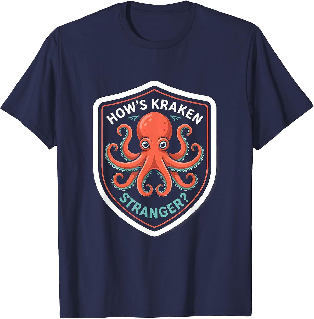 Men's How's Kraken, Stranger? Playful Octopus Lover Sticker Style T-Shirt - Navy Blue