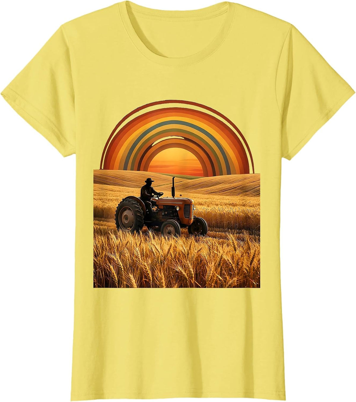 Labor Day Farmer Tractor Wheat Field Illustration T-Shirt - Lemon Yellow
