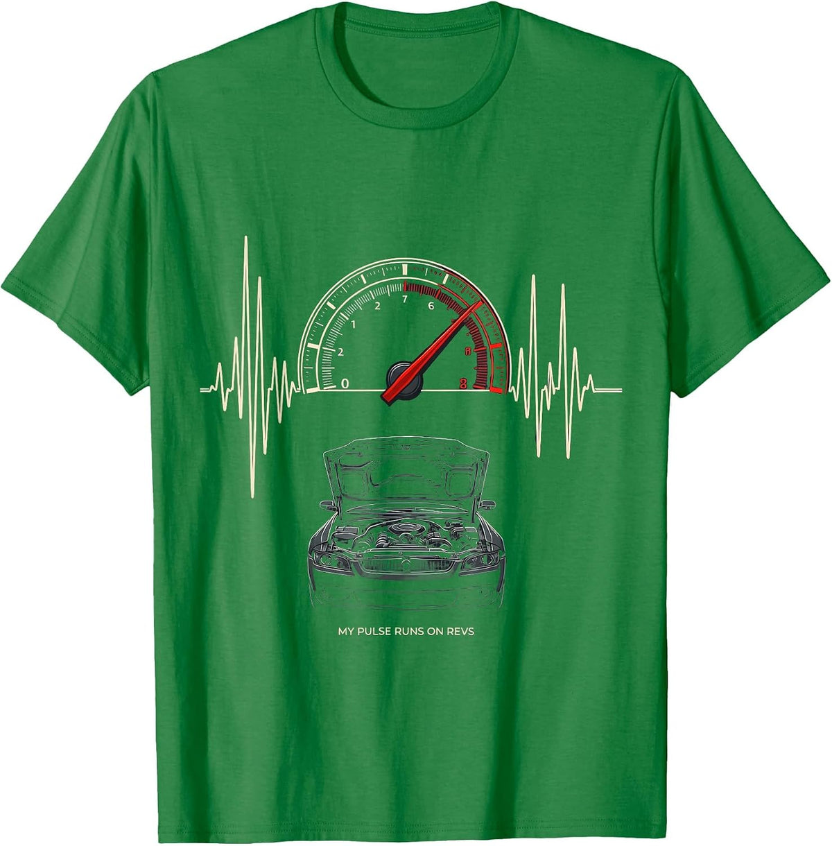 Men's My Pulse Runs On Revs Funny Car Guy Auto Mechanic Humor T-Shirt - Kelly Green