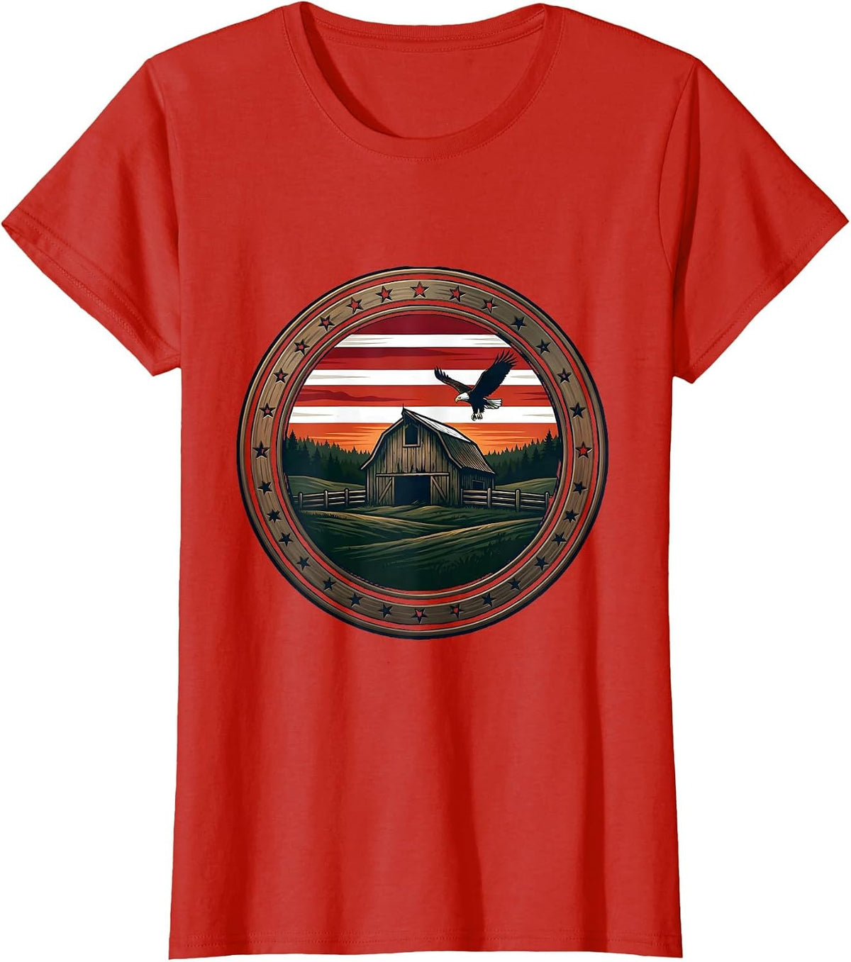 Weathered Barn Rolling Farmland American Country Art T-Shirt - Red