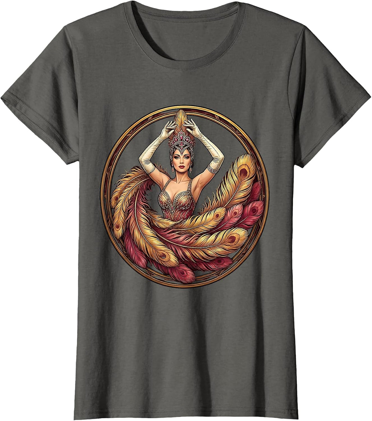 Women's Showgirl Feathered Fan Raised Hands Illustration T-Shirt - Asphalt Grey